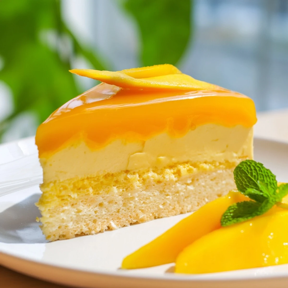 A close-up of Mango Mousse Cake with glossy mango glaze and mint leaves, served chilled on a dessert plate.