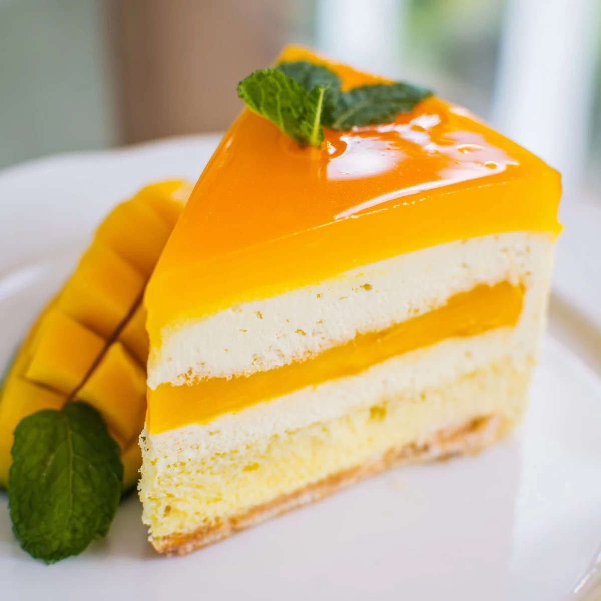 Freshly sliced Mango Mousse Cake revealing fluffy mango mousse layers and tender sponge base on a summer table.