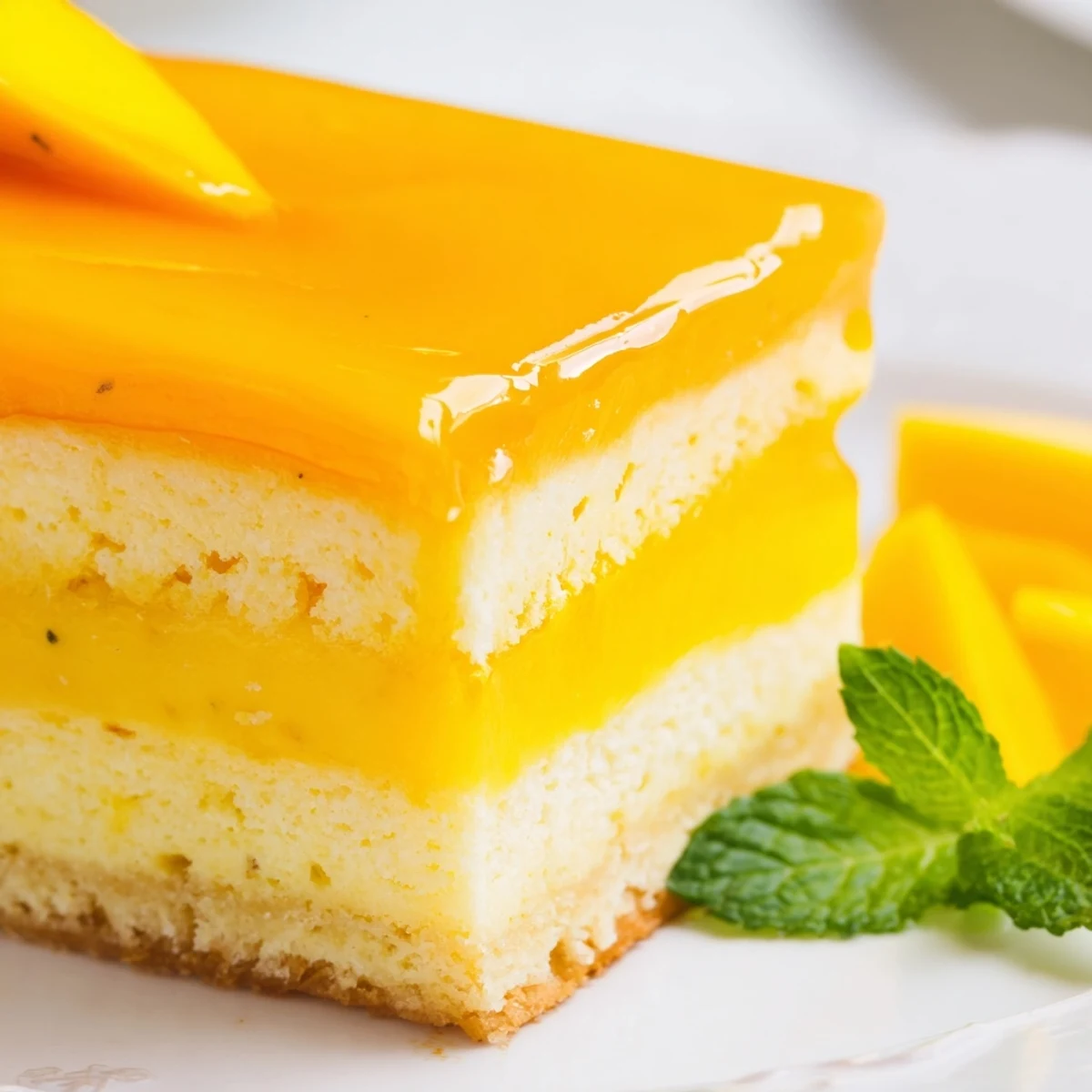 Homemade Mango Mousse Cake displayed on a white cake stand with fresh mango slices, perfect for celebration gatherings.