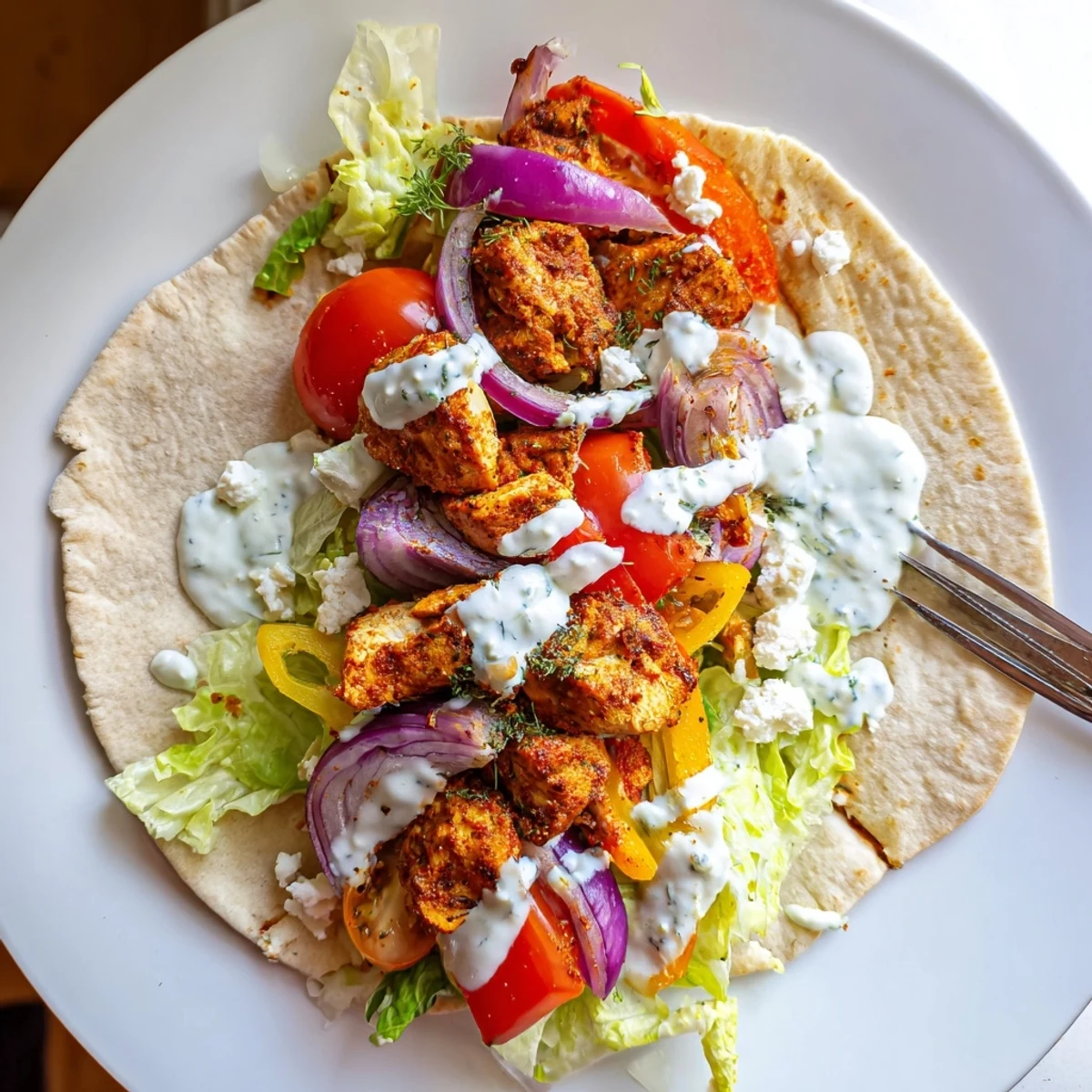 Golden roasted chicken and colorful vegetables on a sheet pan with warm pitas and herby ranch sauce ready to serve.  