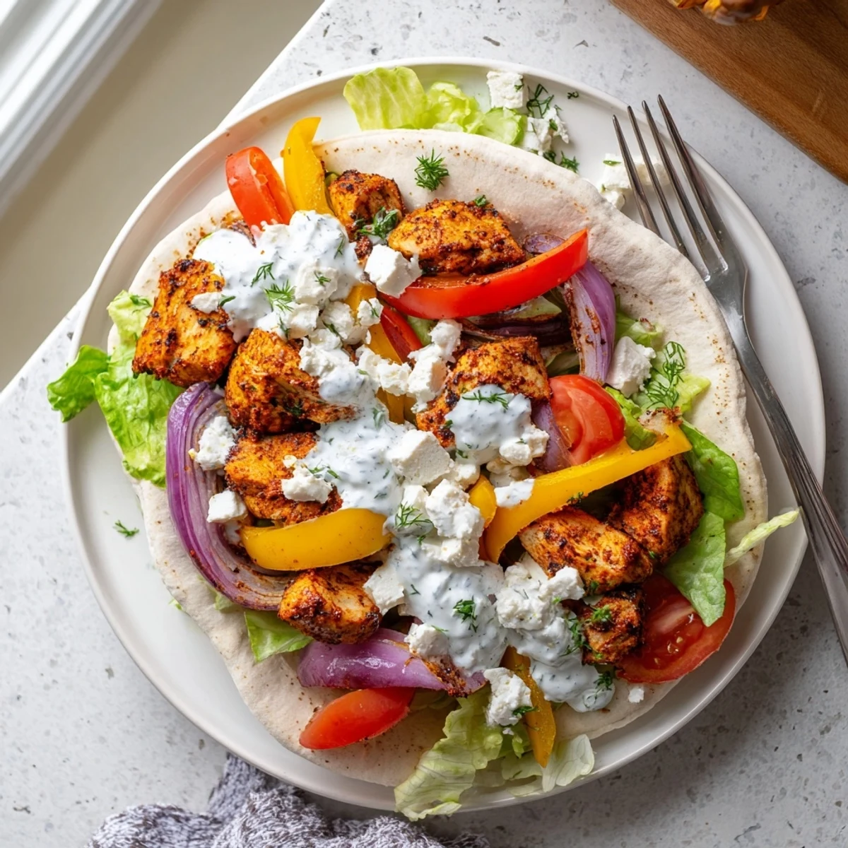 Juicy Sheet Pan Chicken Pitas with Herby Ranch stacked with lettuce and feta on a rustic kitchen table.  
