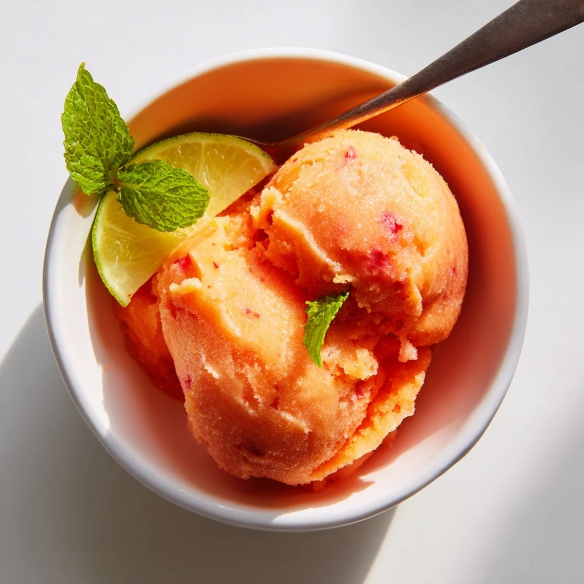 Bright scoops of Mango Strawberry Sorbet in a glass bowl, garnished with fresh mint leaves and lime zest.