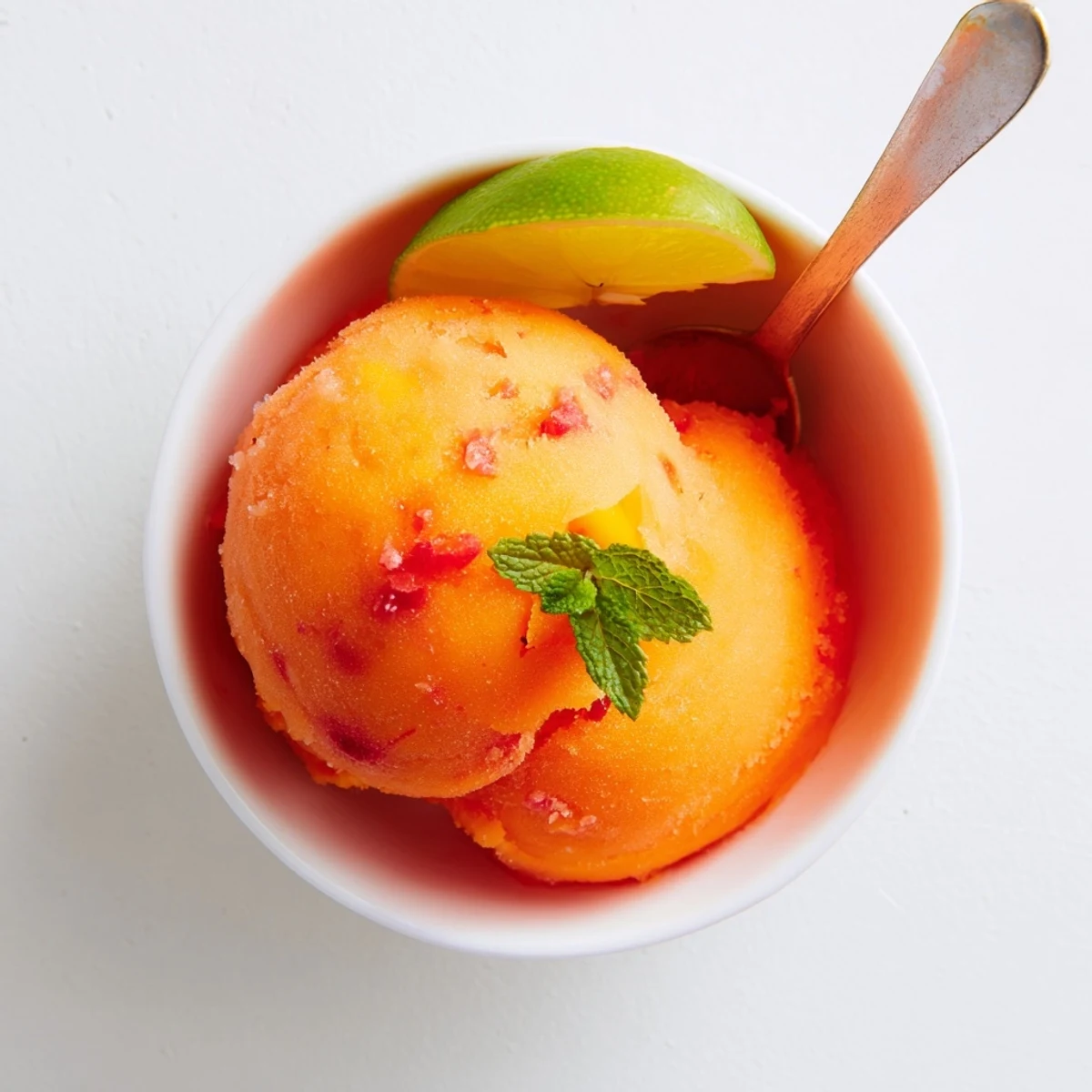 A creamy blend of Mango Strawberry Sorbet is served in a waffle cone with juicy fruit pieces on top.