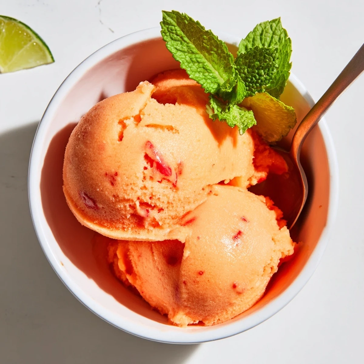 Frozen Mango Strawberry Sorbet is scooped into a chilled bowl, showing vibrant swirls of mango and strawberry.