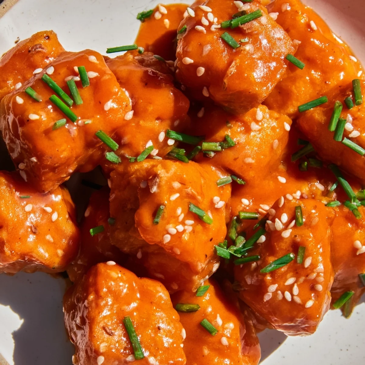 Golden-brown Bang Bang Salmon Bites arranged on a plate with creamy white sauce drizzled over the top.