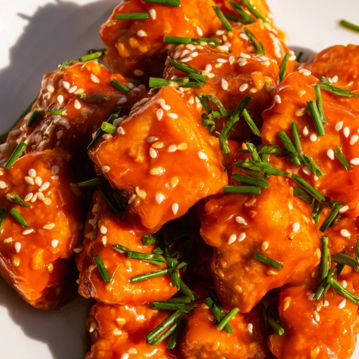 Crispy fried Bang Bang Salmon Bites garnished with fresh chives and sesame seeds ready to serve.