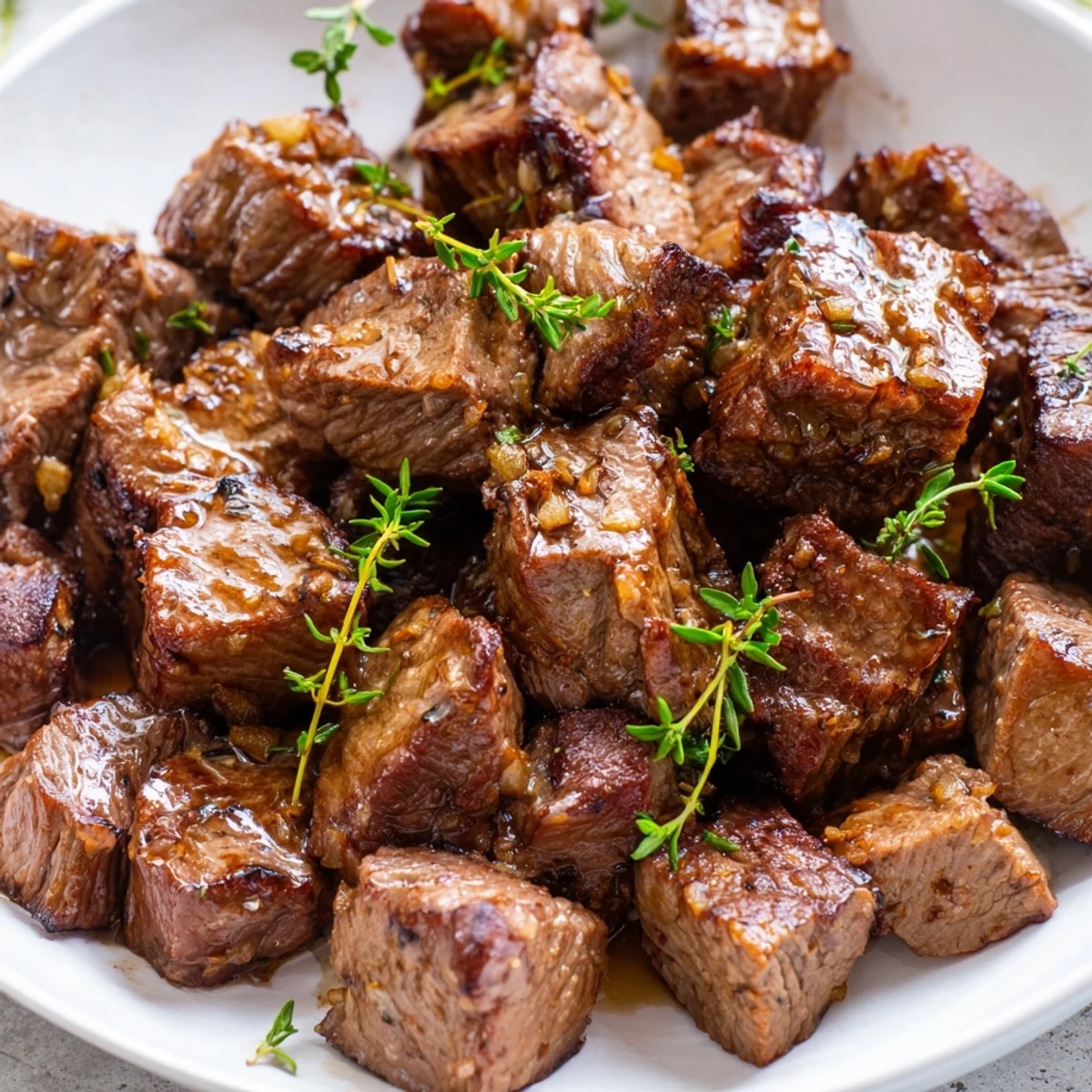 Tender Garlic Butter Steak Bites sizzling in a skillet, infused with aromatic minced garlic and fresh thyme for a savory weeknight dinner.