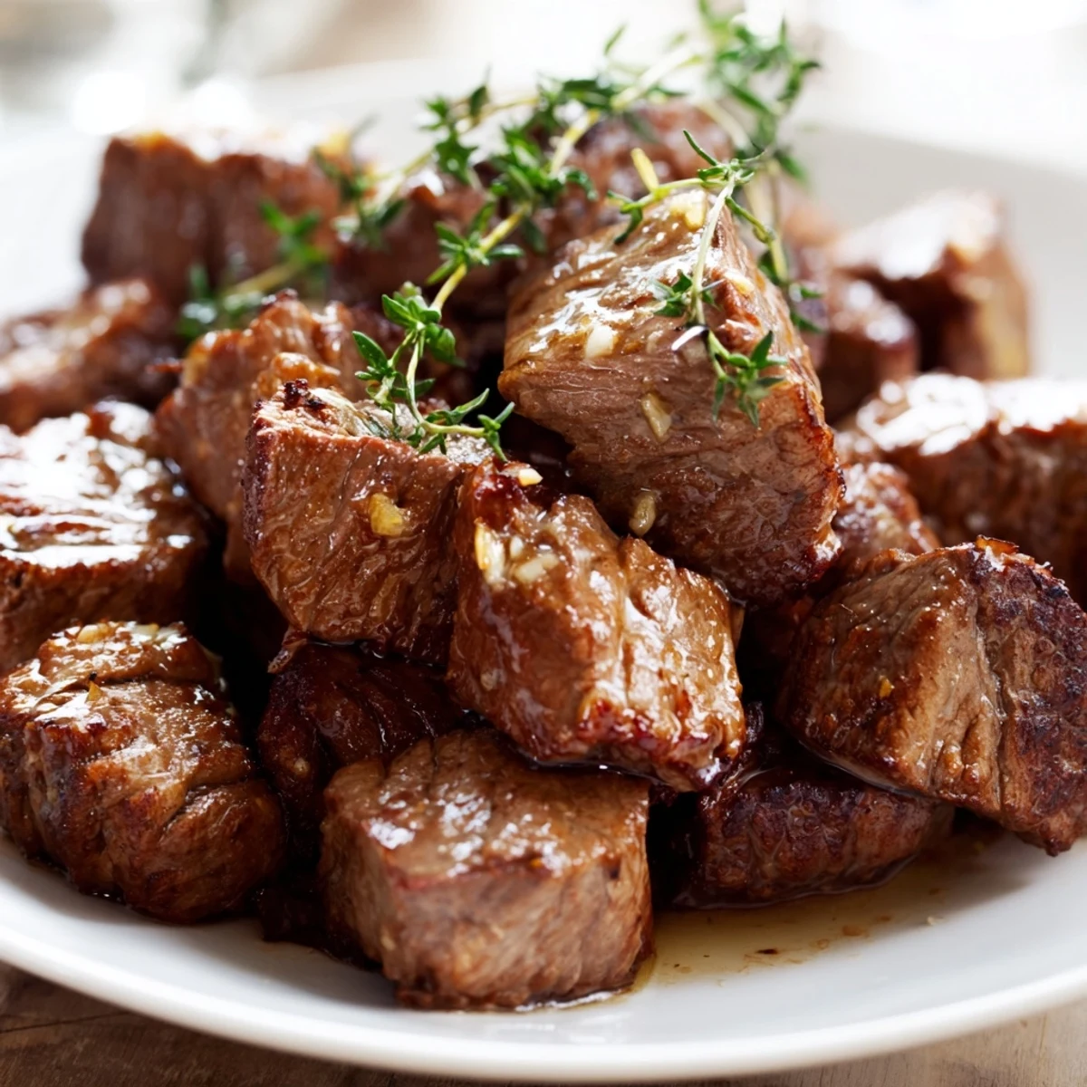 Golden-brown Garlic Butter Steak Bites glistening with butter and flecked with fresh parsley on a dark plate, ready to serve with crusty bread.