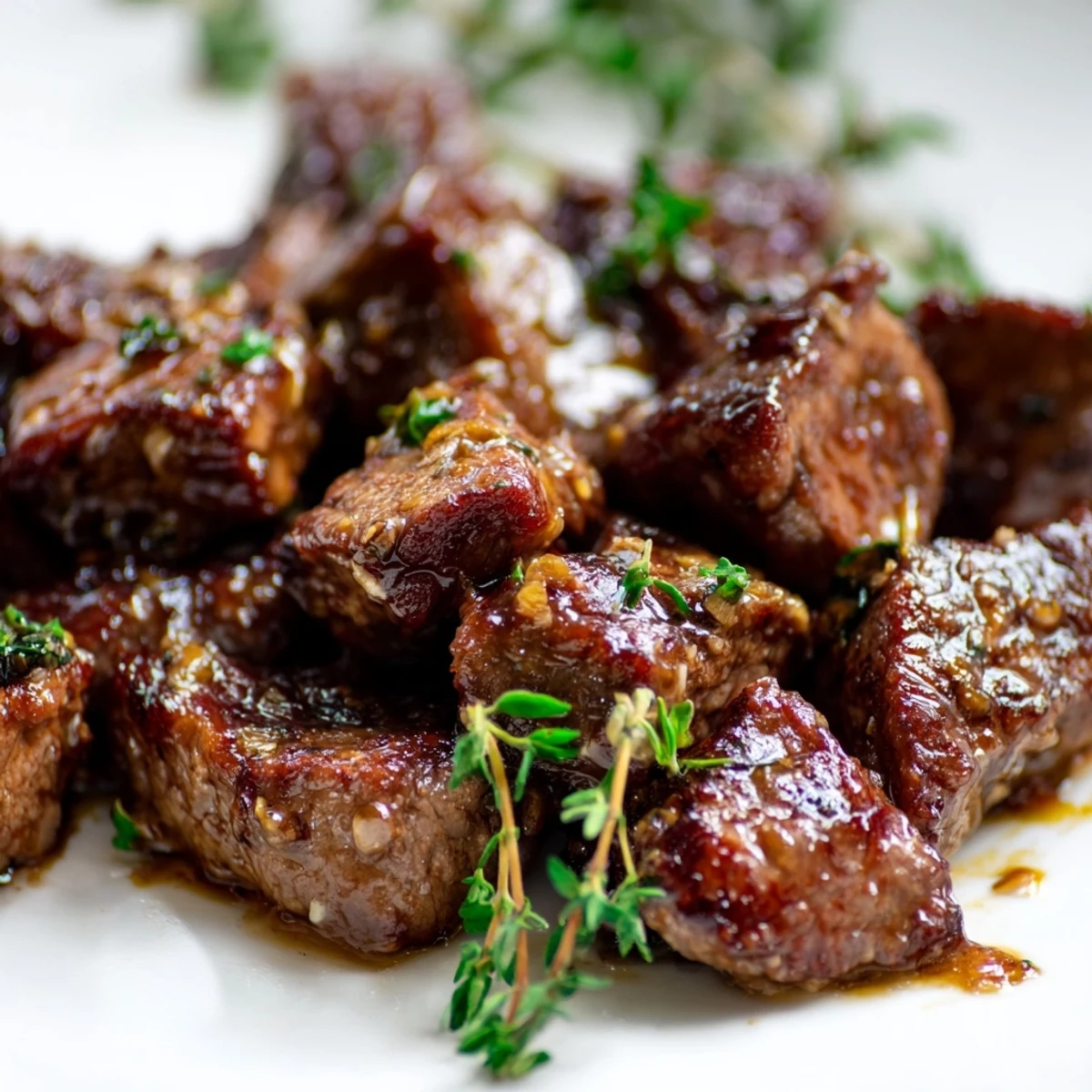 Succulent Garlic Butter Steak Bites arranged on a plate, garnished with parsley and lemon wedges, perfect for a gluten-free low carb main dish.