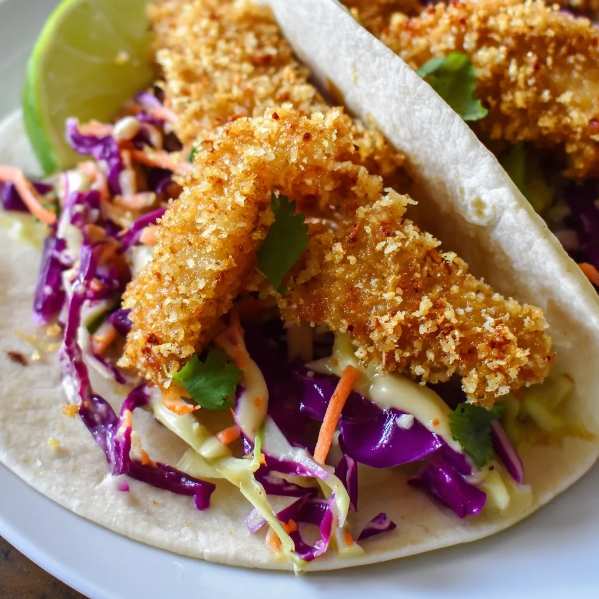 Crispy Fish Tacos With Cilantro Lime Slaw displayed on a plate with lime wedges and fresh cilantro garnish for a vibrant look. 