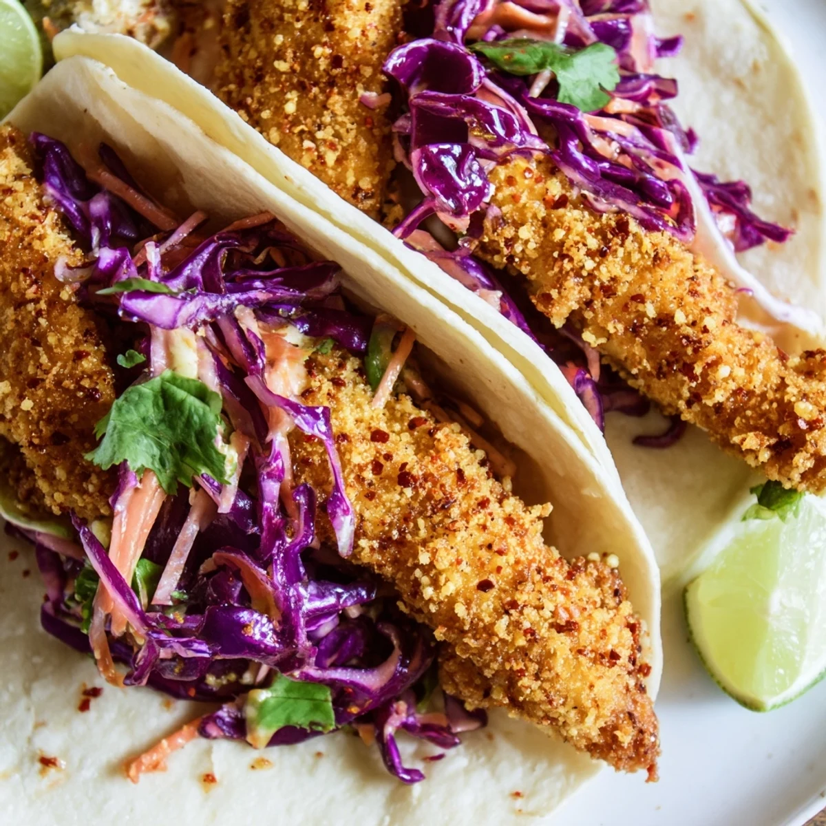 Warm corn tortillas hold golden fried fish fillets topped with creamy cilantro lime slaw and optional jalapeño slices on the side. 