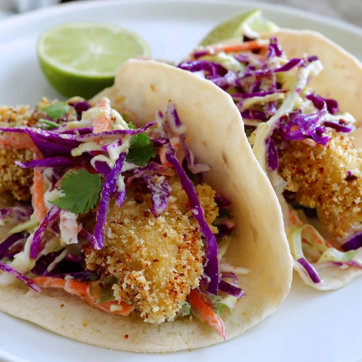 Close-up of Crispy Fish Tacos With Cilantro Lime Slaw showing crunchy texture and colorful shredded cabbage and carrots.