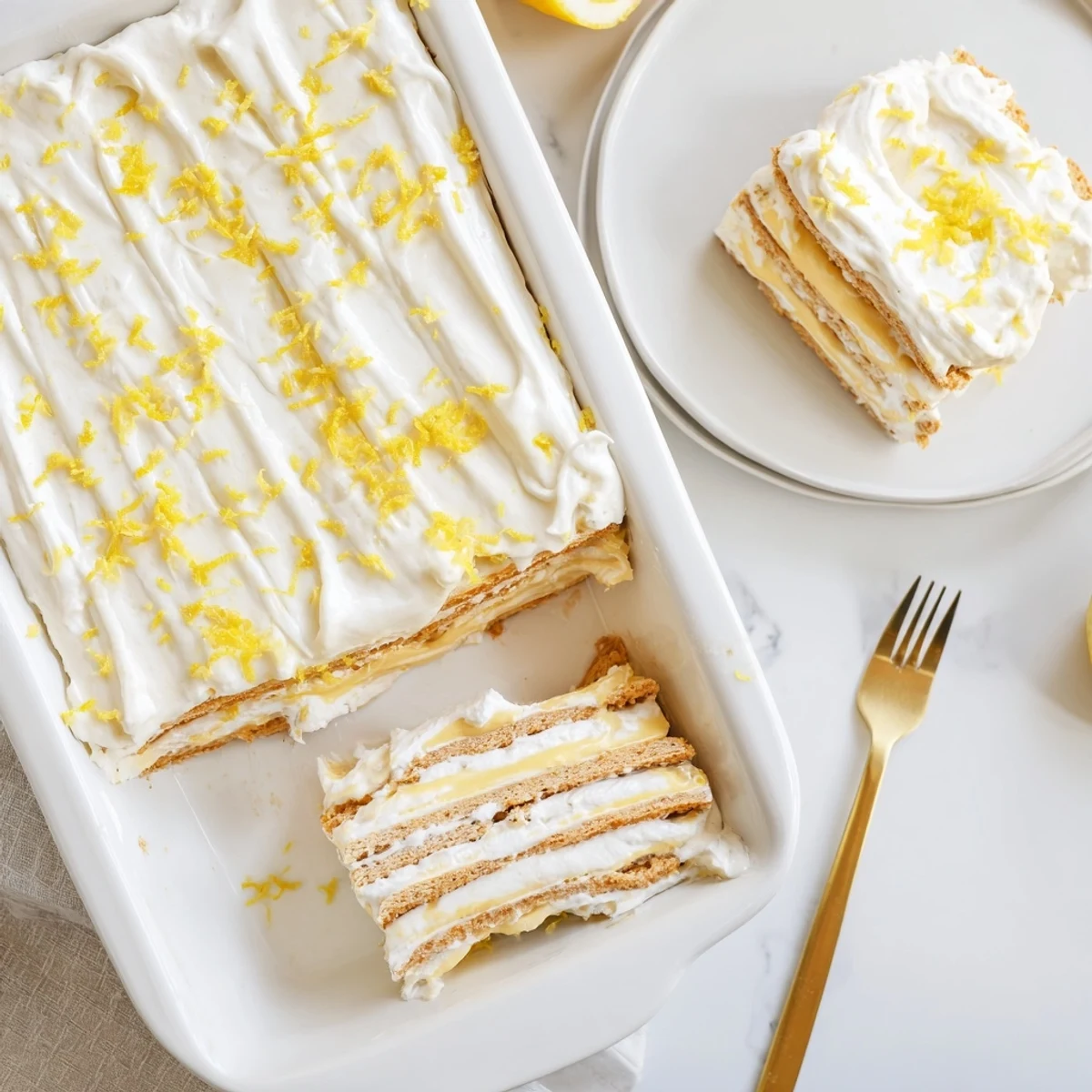 Freshly sliced No Bake Lemon Eclair Cake reveals creamy pudding layers and graham crackers glistening with lemon glaze.