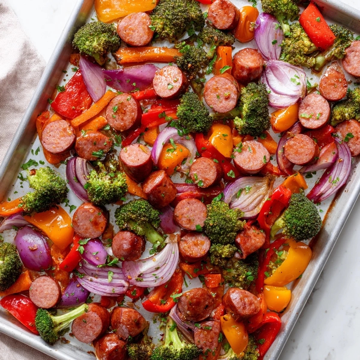 Golden brown kielbasa and roasted vegetables coated in honey garlic glaze on a sheet pan.