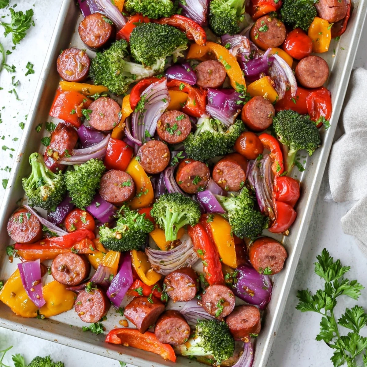 One Pan Honey Garlic Kielbasa & Veggies served hot with fresh parsley and lemon wedges.