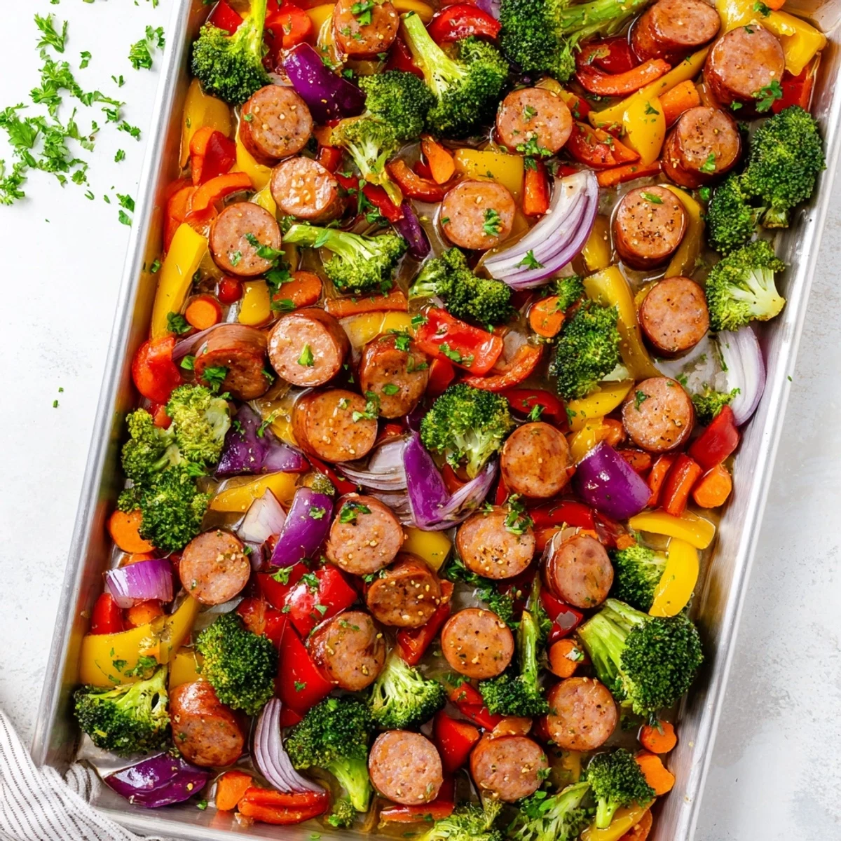 Colorful broccoli and peppers caramelize alongside smoky sausage in this One Pan Honey Garlic Kielbasa & Veggies.