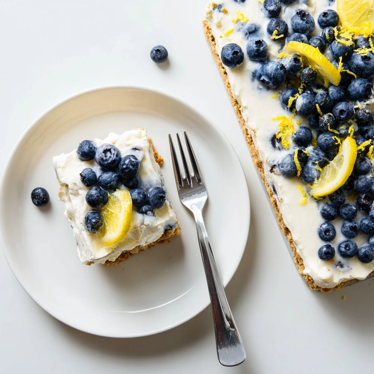 Freshly sliced No Bake Lemon Blueberry Cream Cake reveals layers of creamy filling, graham cracker crust, and bright lemon zest.