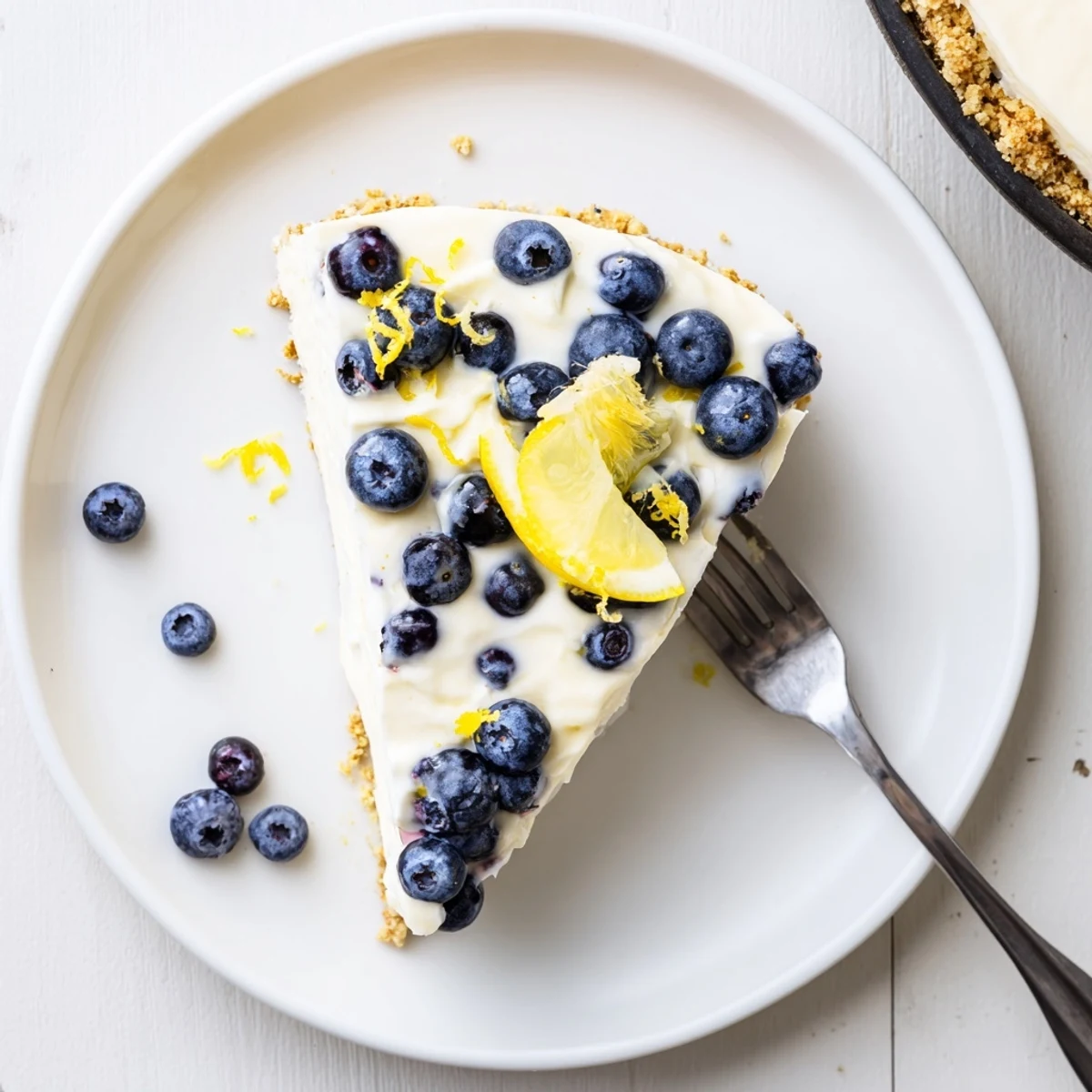 Ready to serve No Bake Lemon Blueberry Cream Cake topped with fresh berries and a dollop of whipped cream.