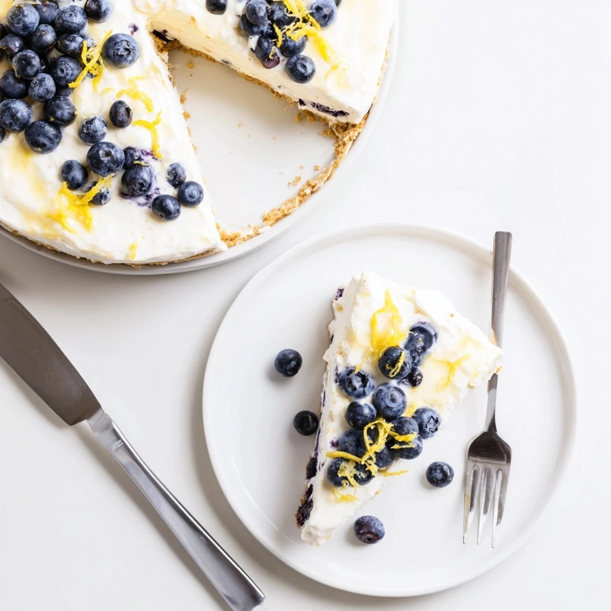 A chilled No Bake Lemon Blueberry Cream Cake showcases juicy blueberries, velvety cream, and zesty lemon in every bite.
