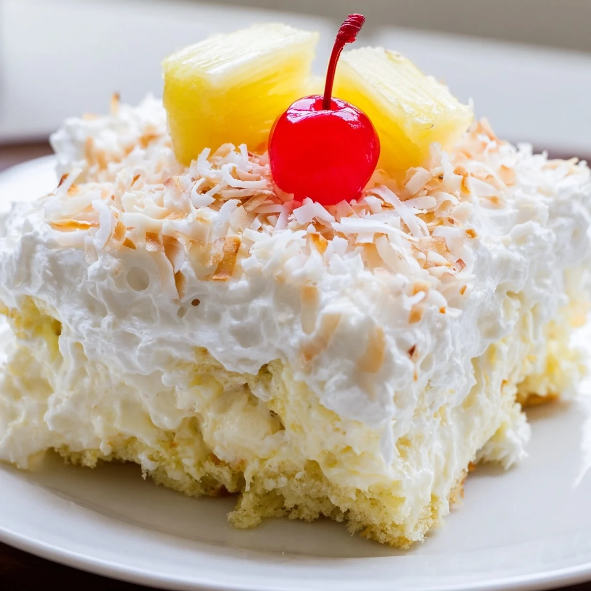 Moist Hawaiian Poke Cake topped with toasted coconut and fresh pineapple chunks on a serving plate.