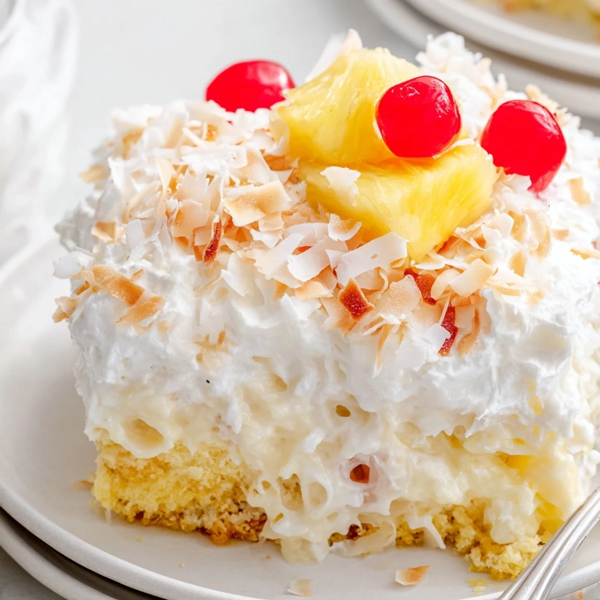 Chilled Hawaiian Poke Cake layers creamy filling and whipped topping, garnished with maraschino cherries and pineapple.