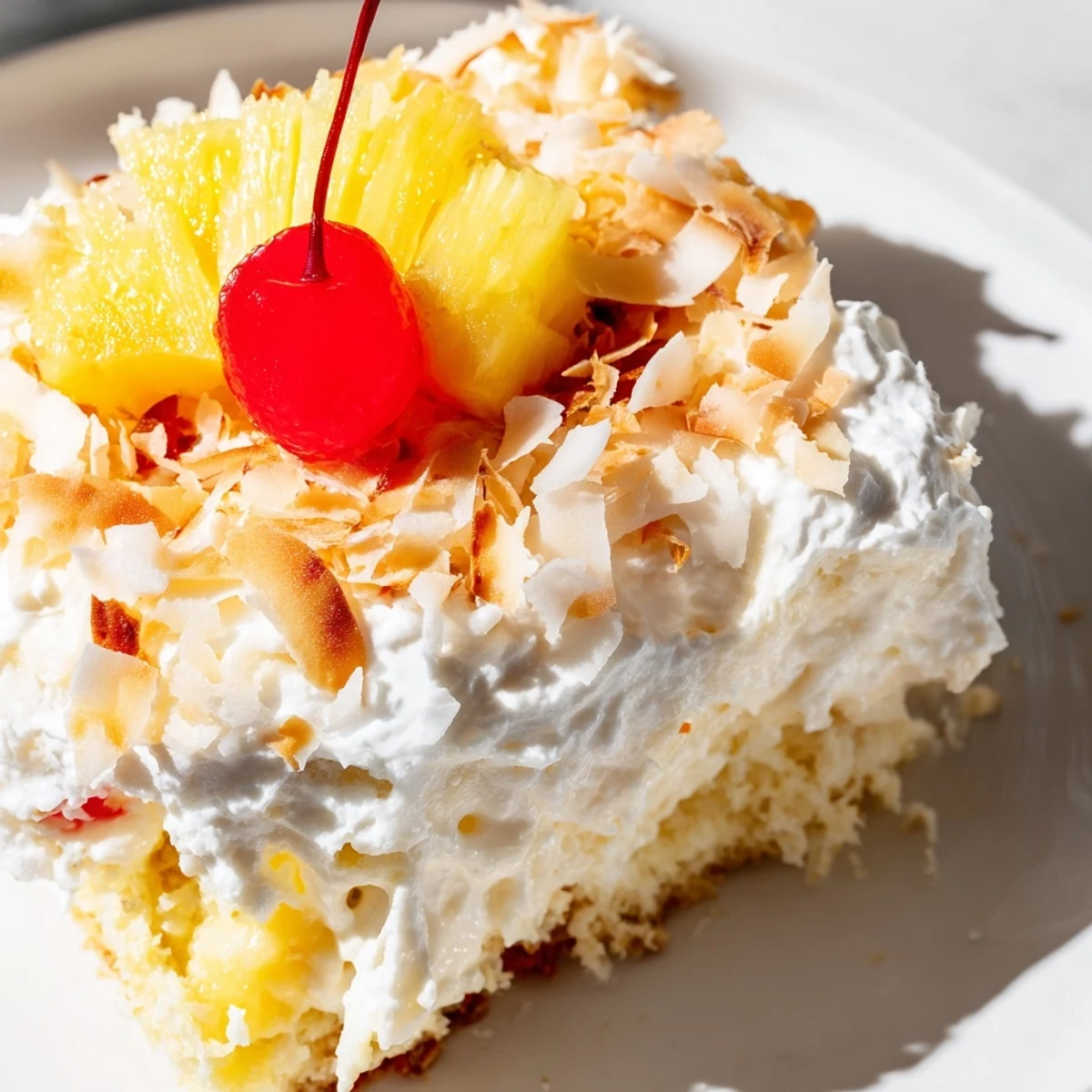 Easy Hawaiian Poke Cake dessert with tropical pineapple and coconut flavors, sliced and ready to serve cold.