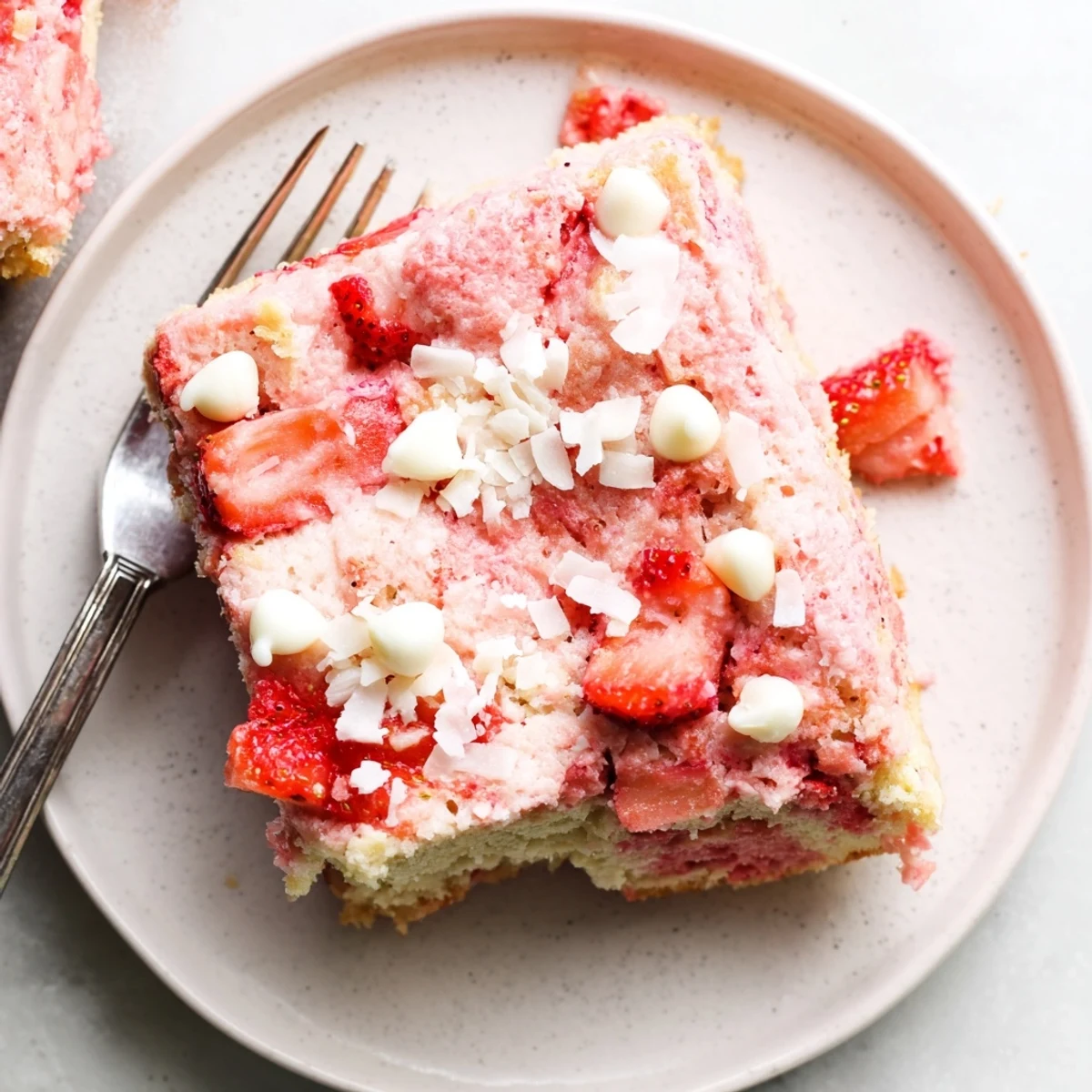 Gooey Strawberry Earthquake Cake with cream cheese swirls and fresh strawberry chunks on top