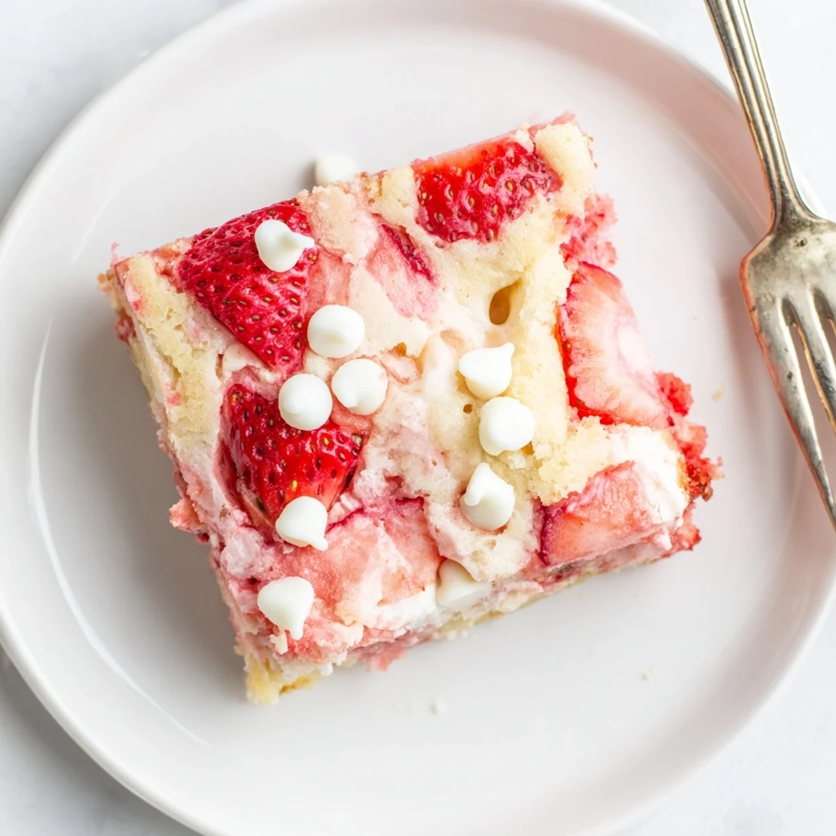 Sliced Strawberry Earthquake Cake showing moist layers with melted white chocolate and cream cheese pockets
