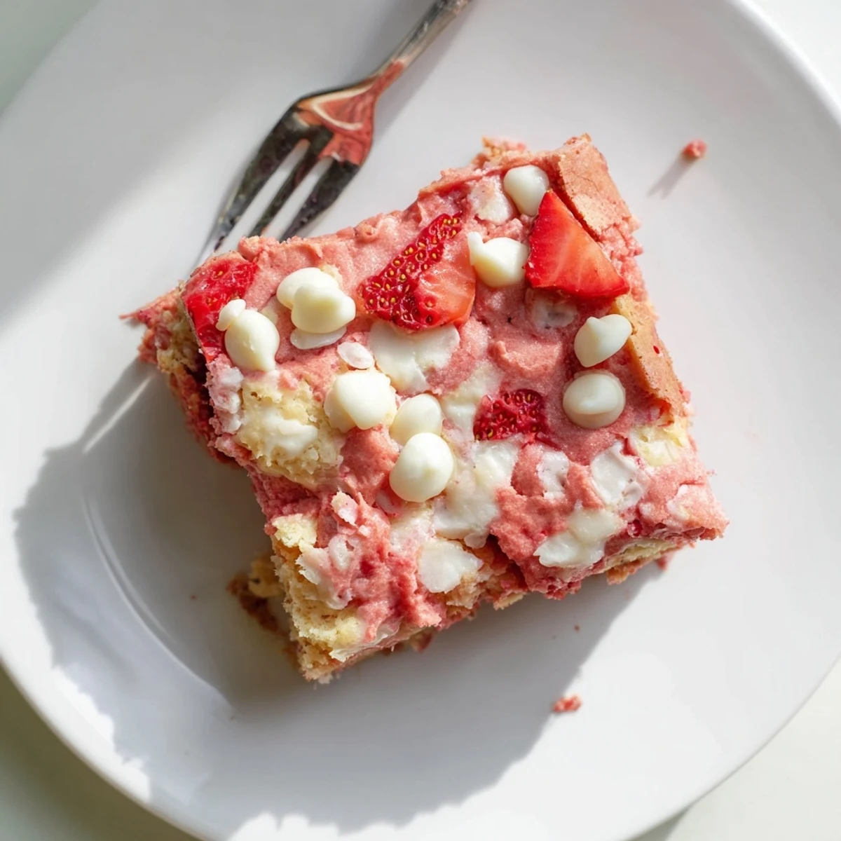 Warm homemade Strawberry Earthquake Cake served in a square baking dish with gooey strawberry center