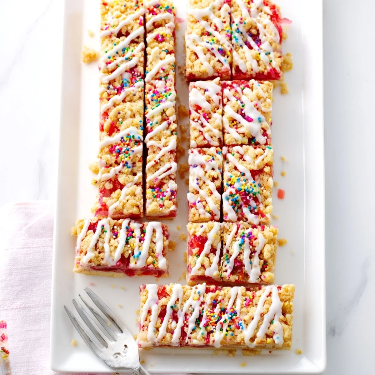 Golden baked poptart cookie bars with strawberry jam center and white glaze topping