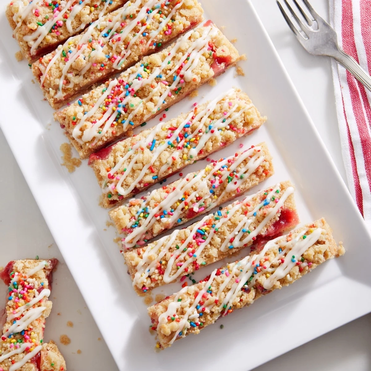 Colorful sprinkled poptart cookie bars drizzled with sweet vanilla glaze on serving platter