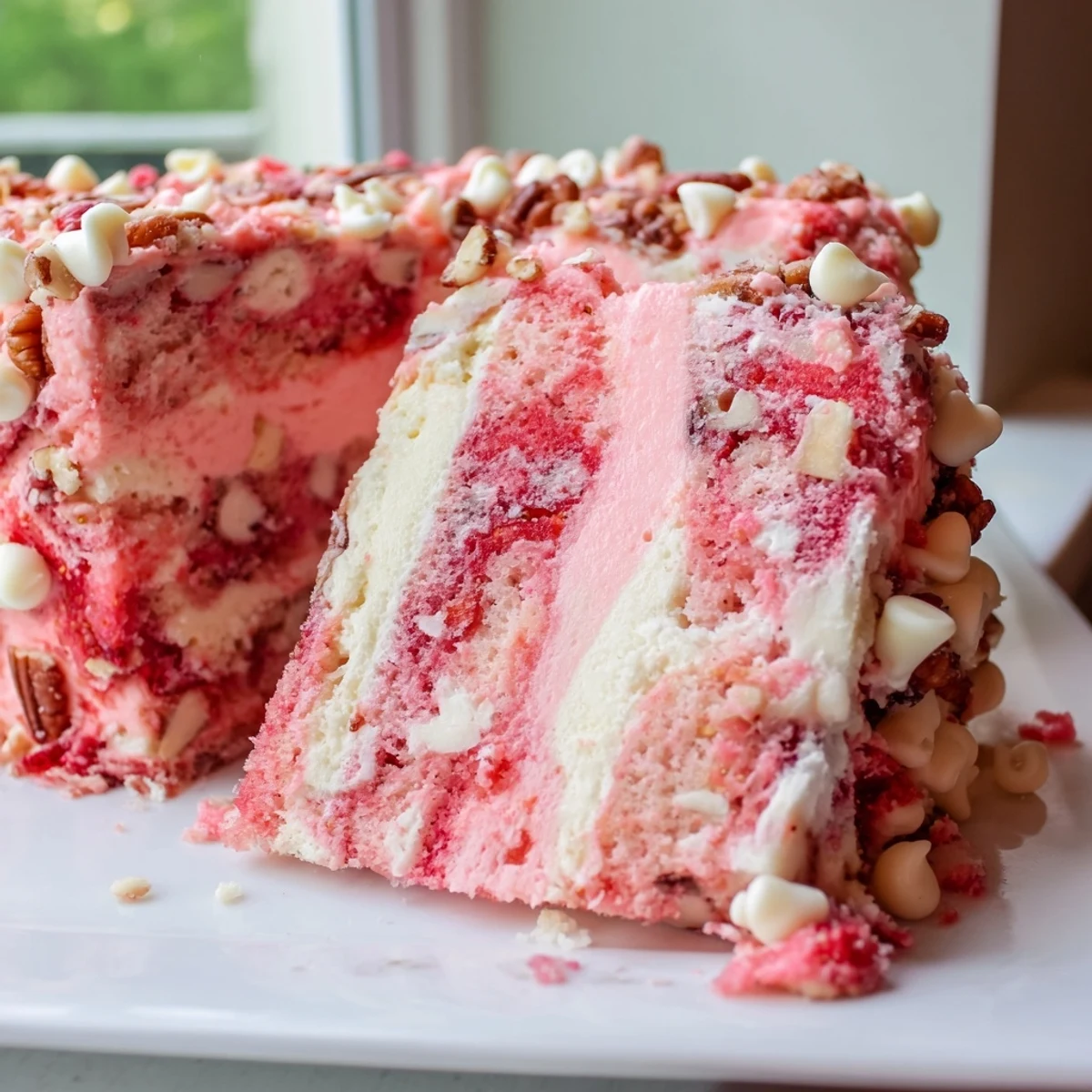 Swirled strawberry earthquake cake with cream cheese filling and white chocolate chips on top