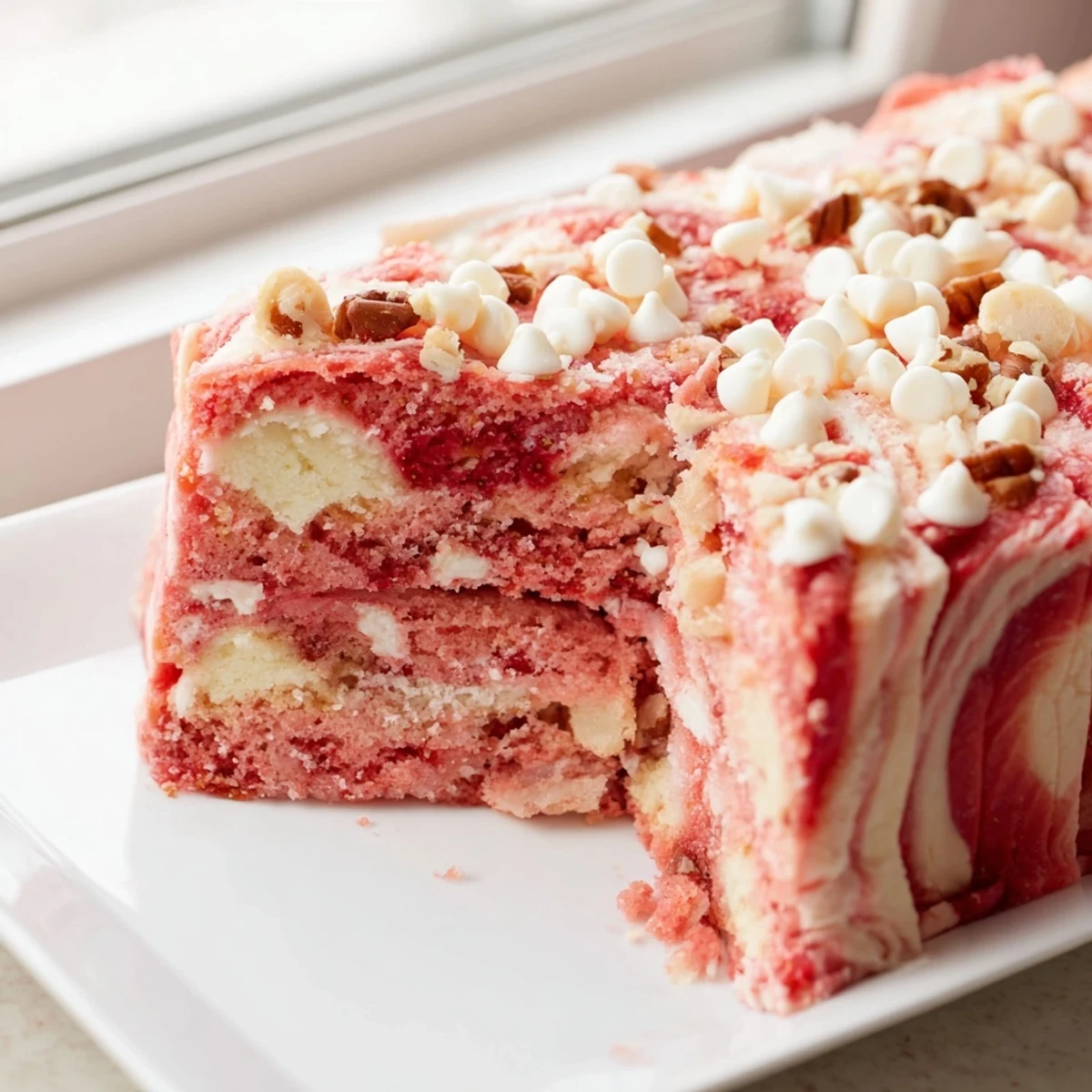 Fresh chopped strawberries and pecans topping a marbled strawberry earthquake cake in a baking dish