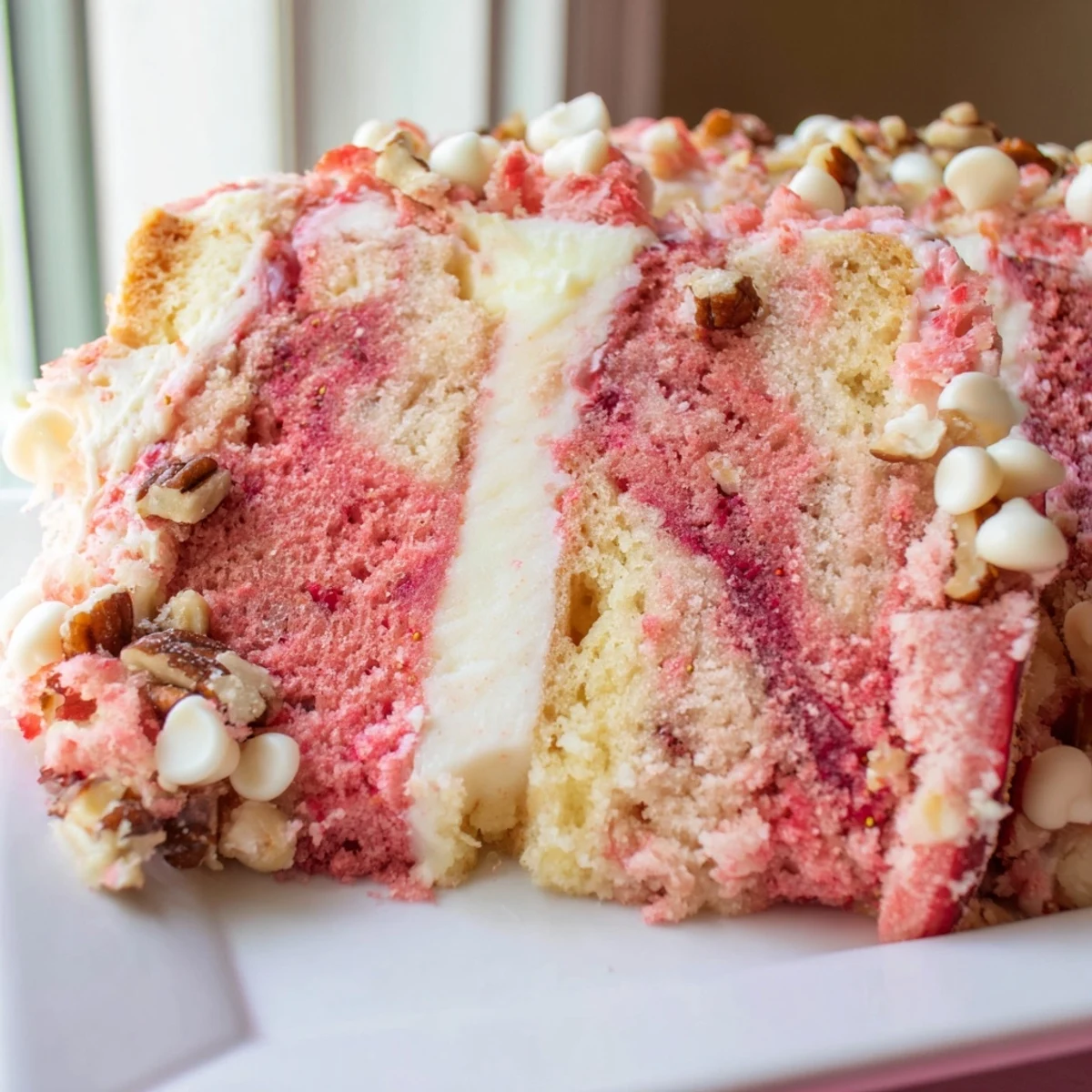 Warm slice of strawberry earthquake cake served with vanilla ice cream and whipped cream