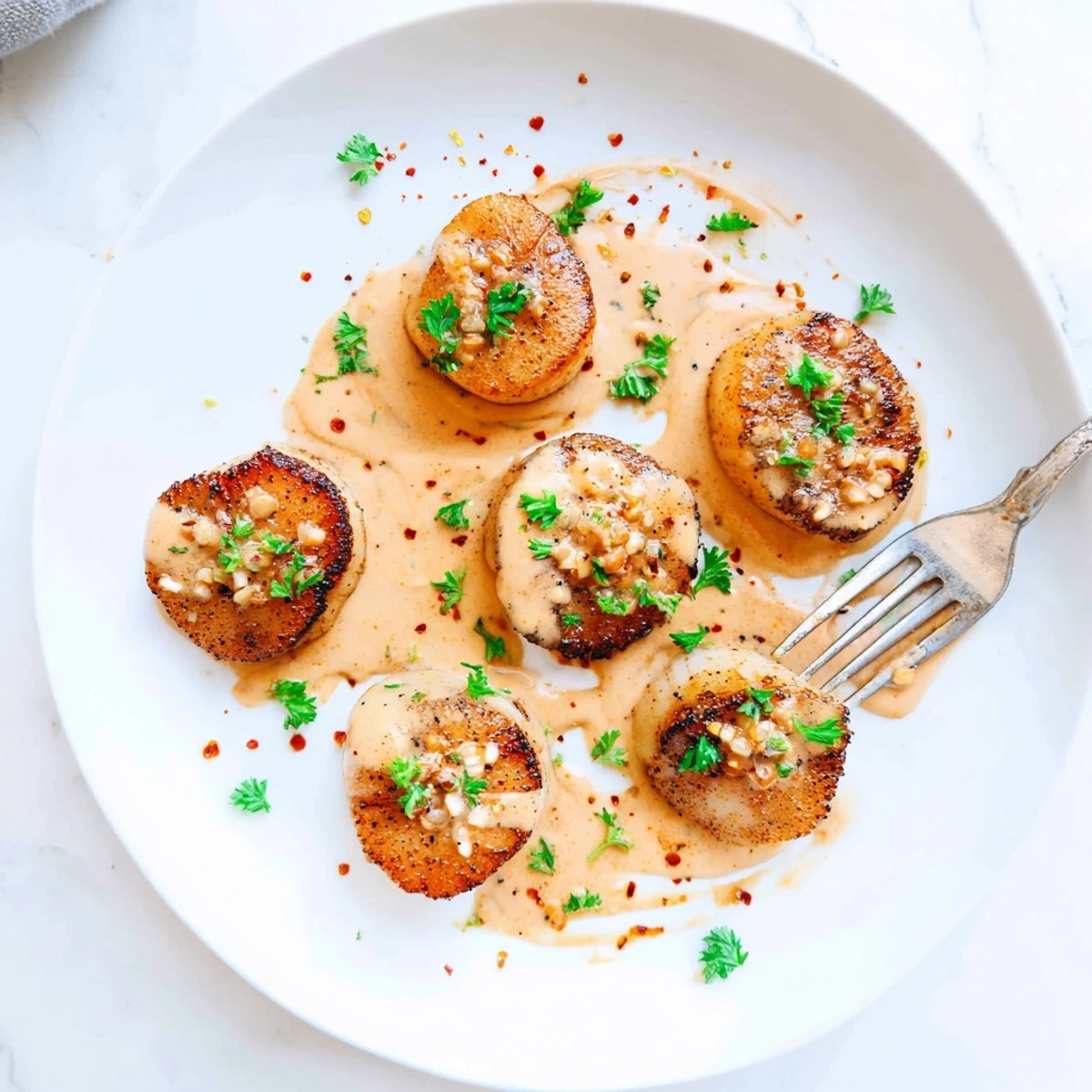 Golden seared scallops resting in a rich spicy Cajun cream sauce with fresh parsley garnish