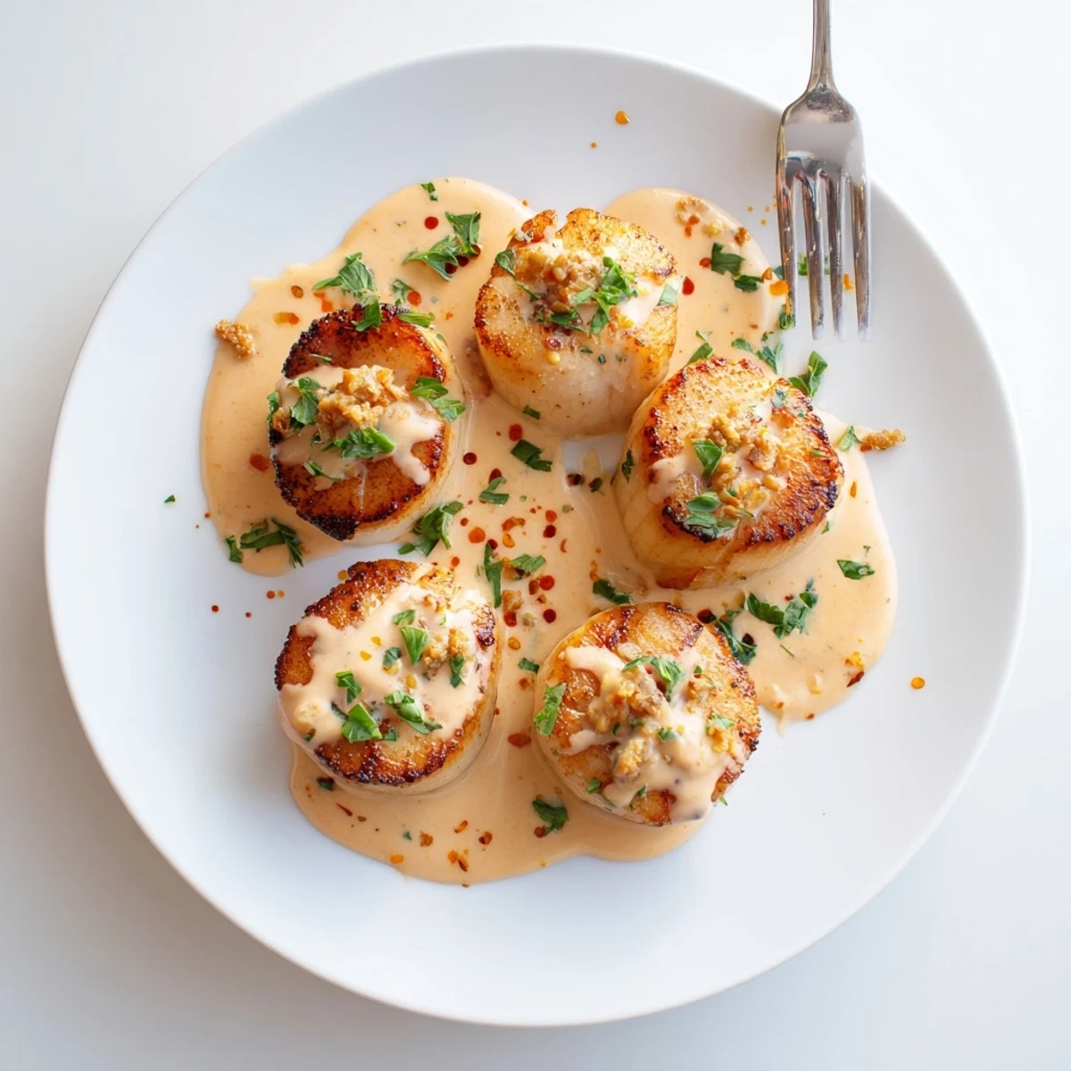 Succulent golden scallops served atop velvety spiced cream sauce with vibrant green parsley topping