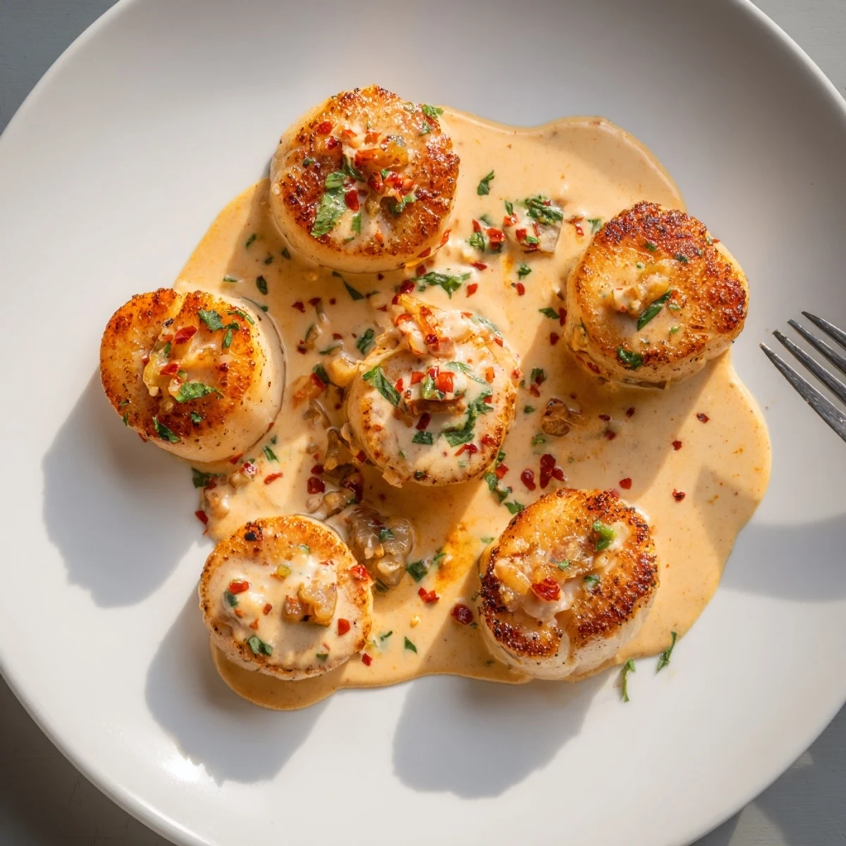 Perfectly pan-seared sea scallops drizzled with creamy Cajun spiced sauce over white dinner plate