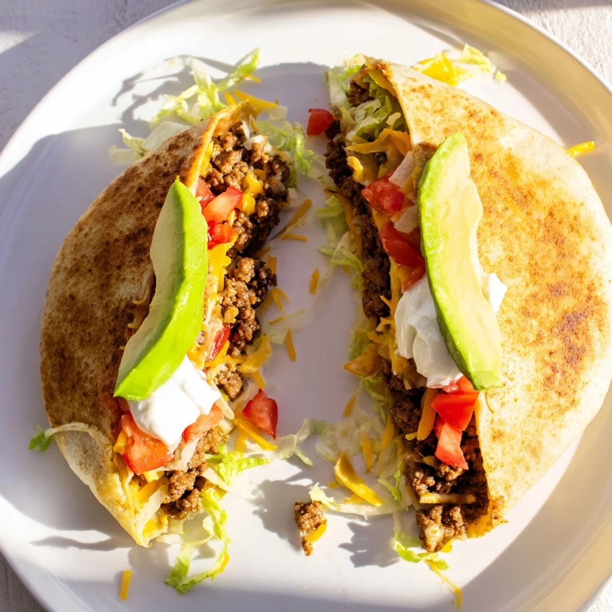 Golden keto crunchwrap with cheesy low-carb tortilla filled with seasoned beef and fresh vegetables