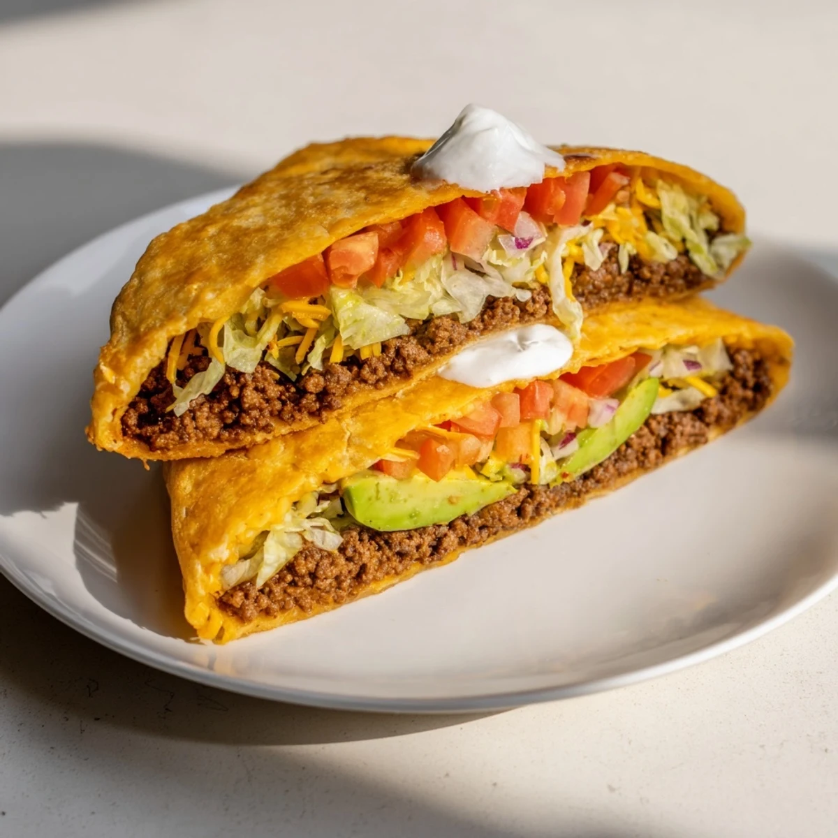 Crispy homemade crunchwrap featuring layered ground beef melted cheese lettuce and creamy sour cream