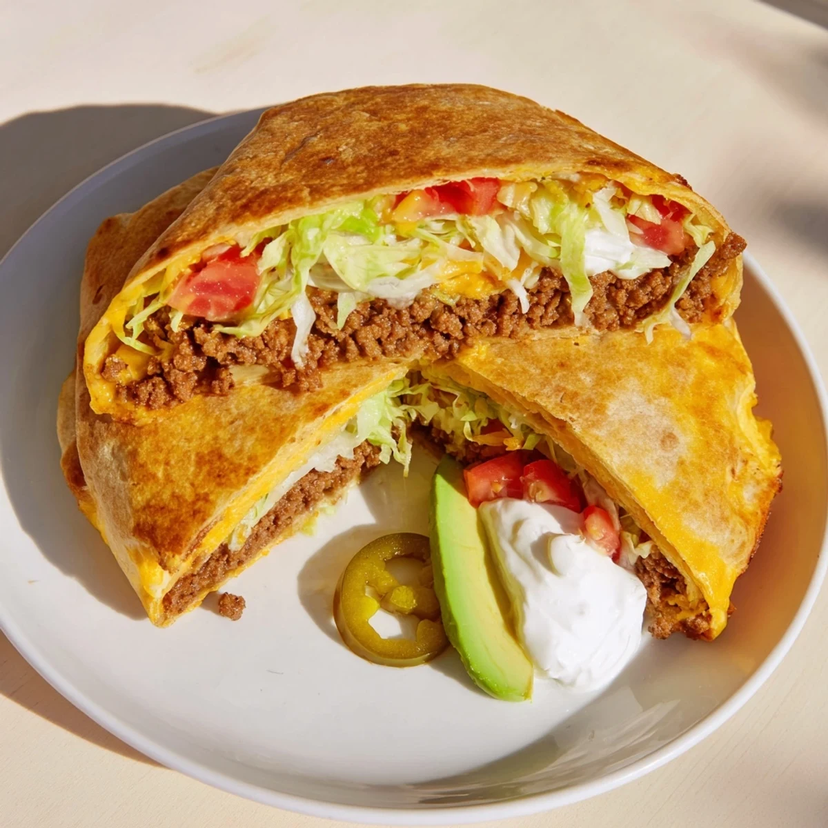Low-carb crunchwrap dinner with almond flour tortilla stuffed with taco meat and colorful toppings