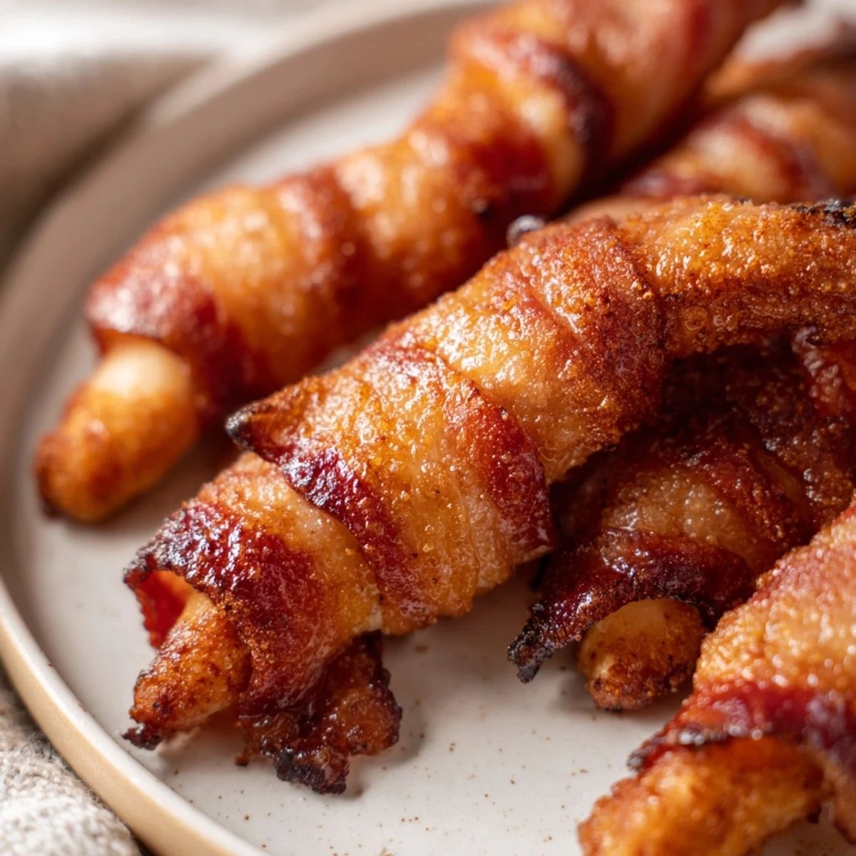 Golden brown sugar bacon chicken tenders sizzling on a wire rack with crispy caramelized coating