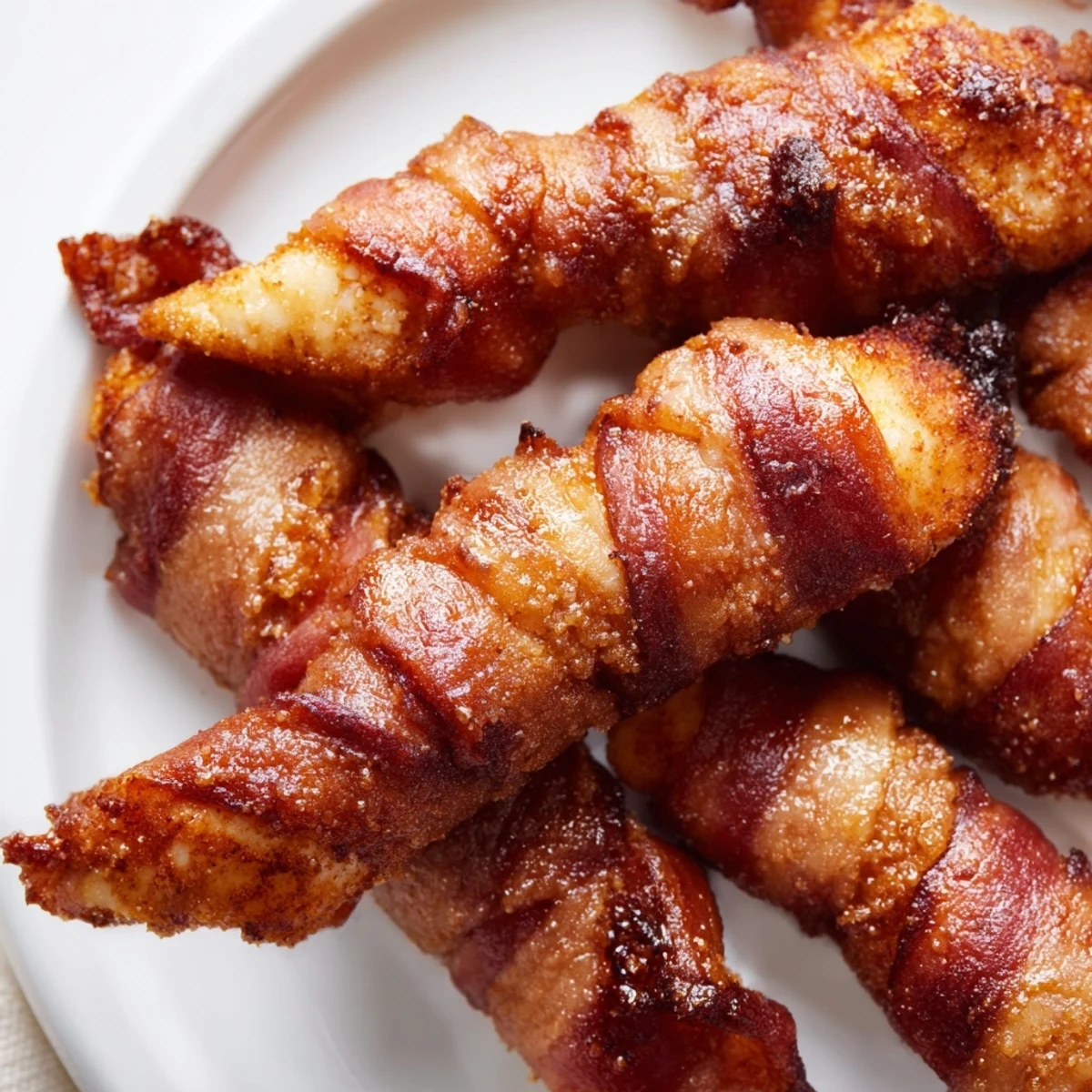 Smoky bacon brown sugar chicken tenders arranged on baking sheet with glistening caramelized edges