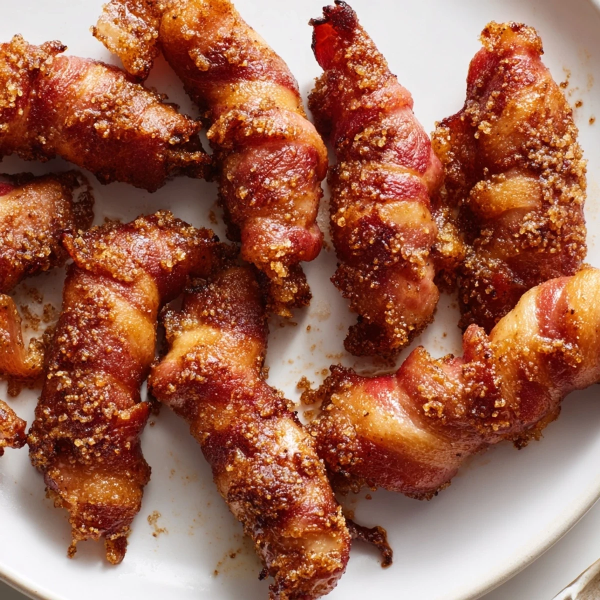 Juicy bacon-wrapped chicken tenders coated in sweet brown sugar mixture ready for serving
