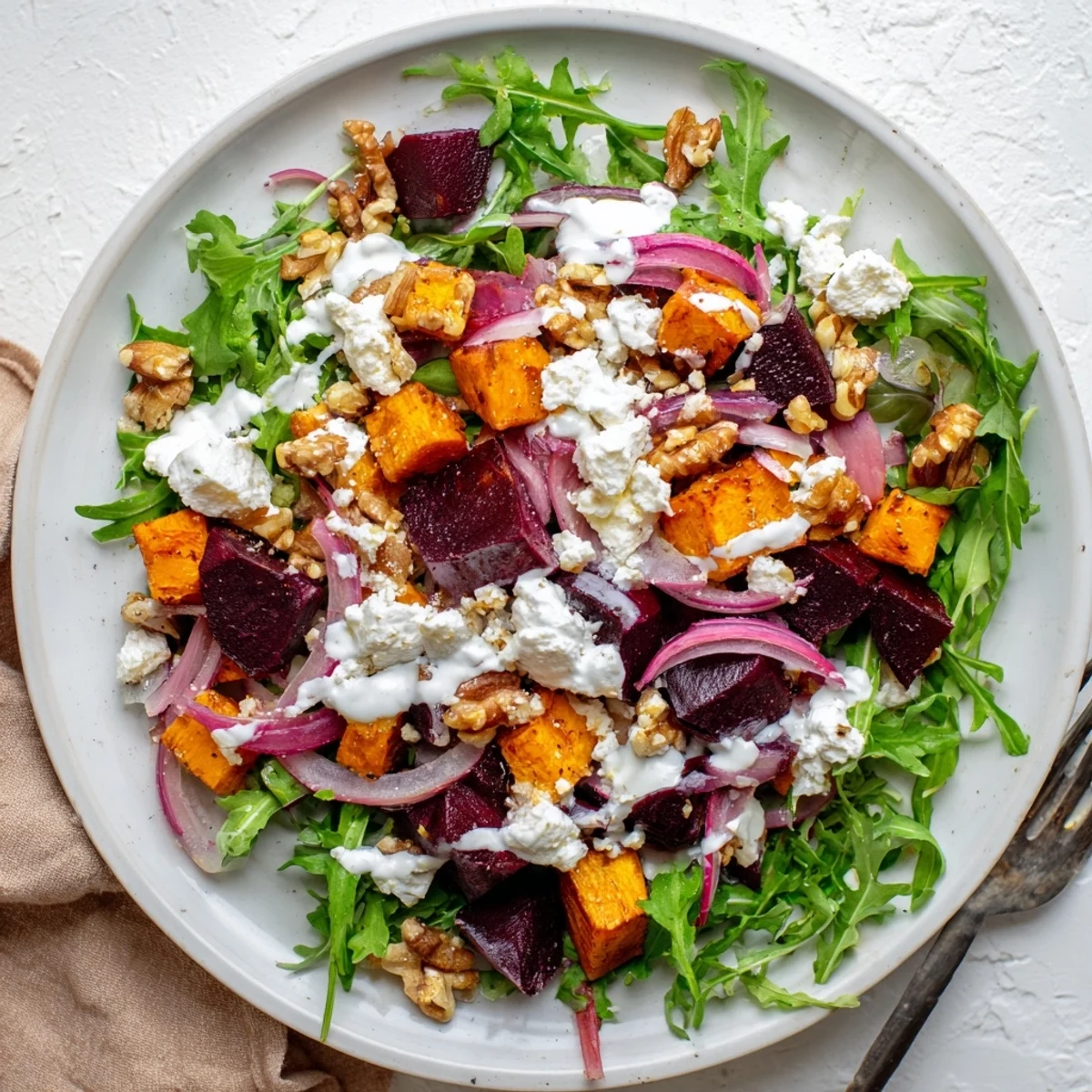 Vibrant Mediterranean-style salad featuring tender roasted root vegetables topped with creamy feta and tangy yogurt dressing