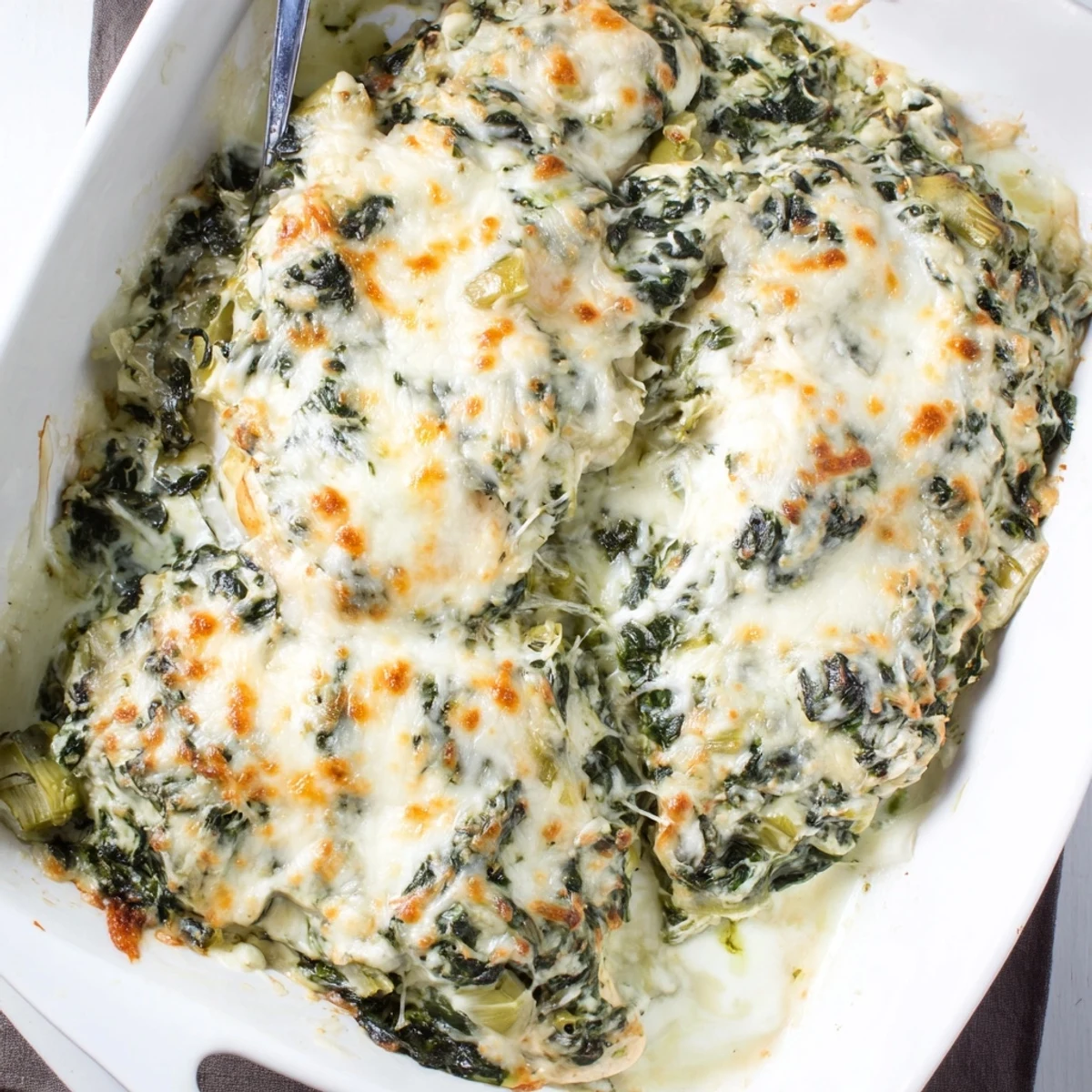Golden bubbly spinach and artichoke chicken bake with melted mozzarella topping on a white baking dish