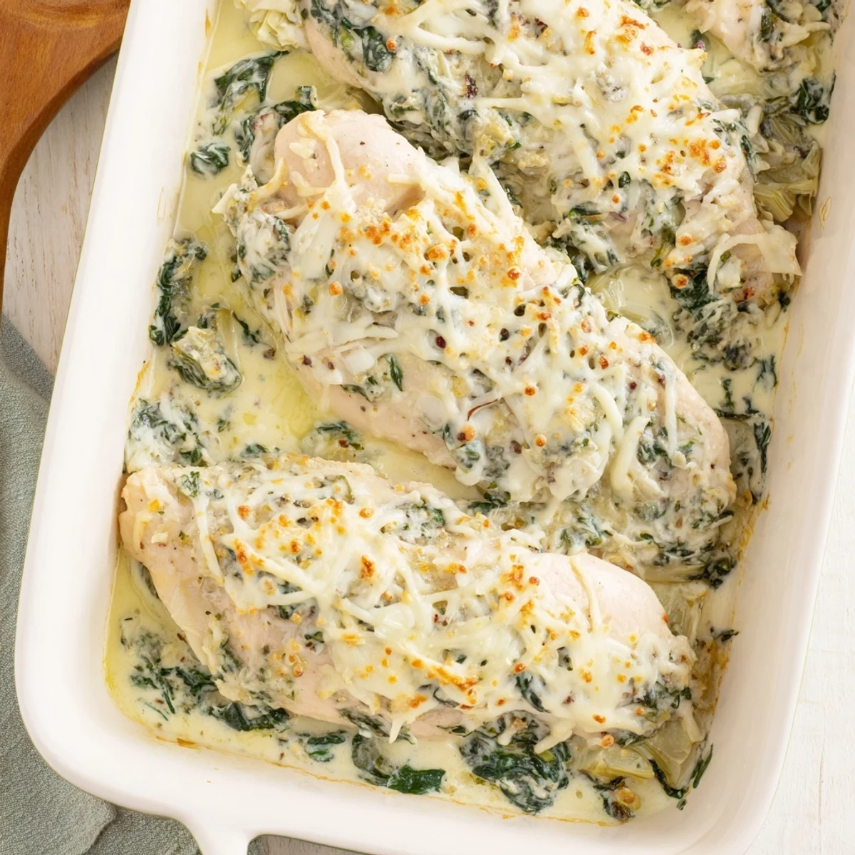 Succulent baked chicken breasts topped with creamy spinach and artichoke mixture under a layer of melted cheese