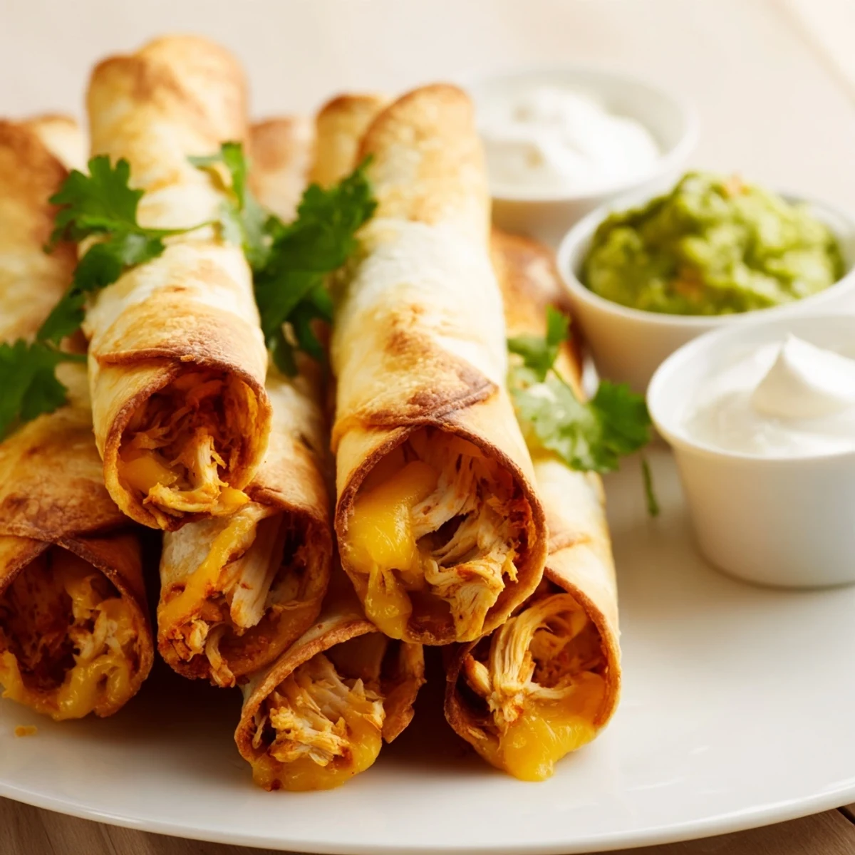 Golden crispy chicken taquitos with melted cheese, ready for dipping in fresh guacamole and salsa