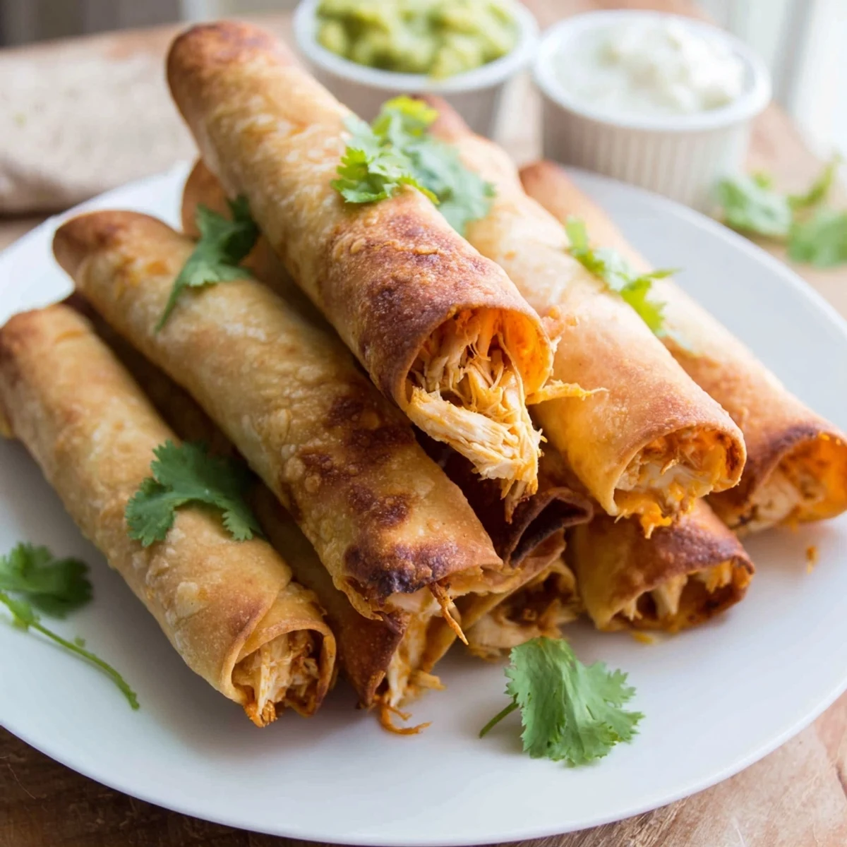 Oven-baked crispy chicken taquitos featuring seasoned shredded chicken filling inside perfectly rolled golden tortillas