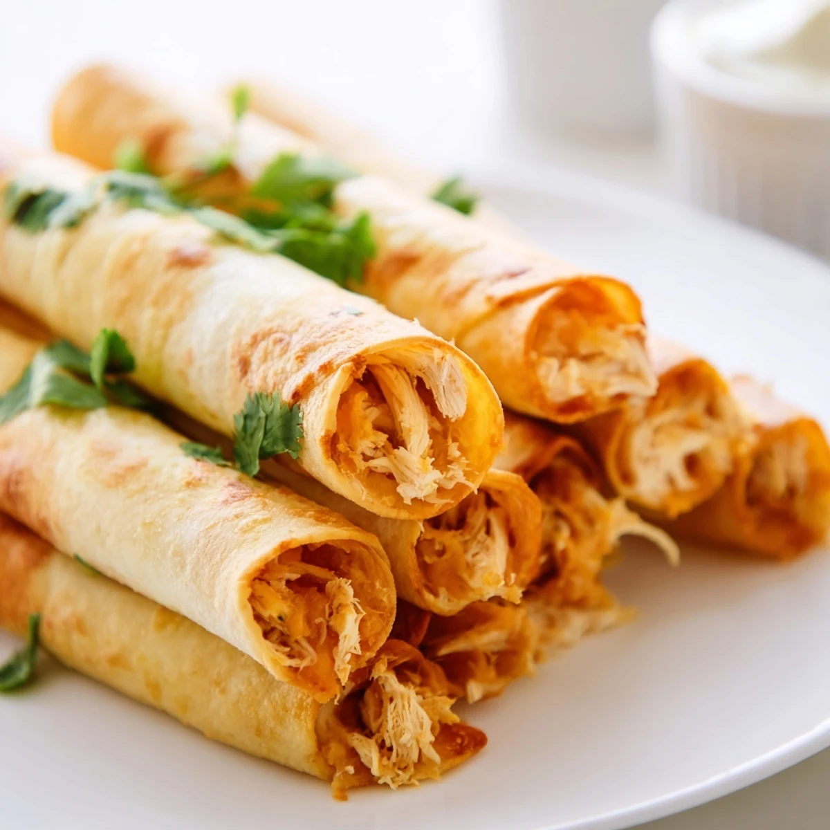 Homemade crispy chicken taquitos arranged on a serving platter with sour cream, lime wedges, and cilantro garnish