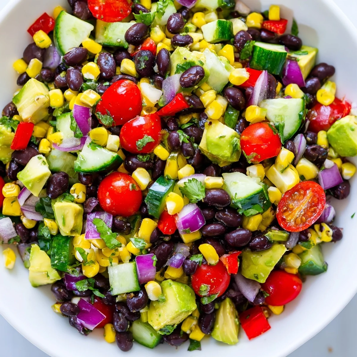 Colorful chopped black bean salad with diced avocado and crisp vegetables in a glass bowl